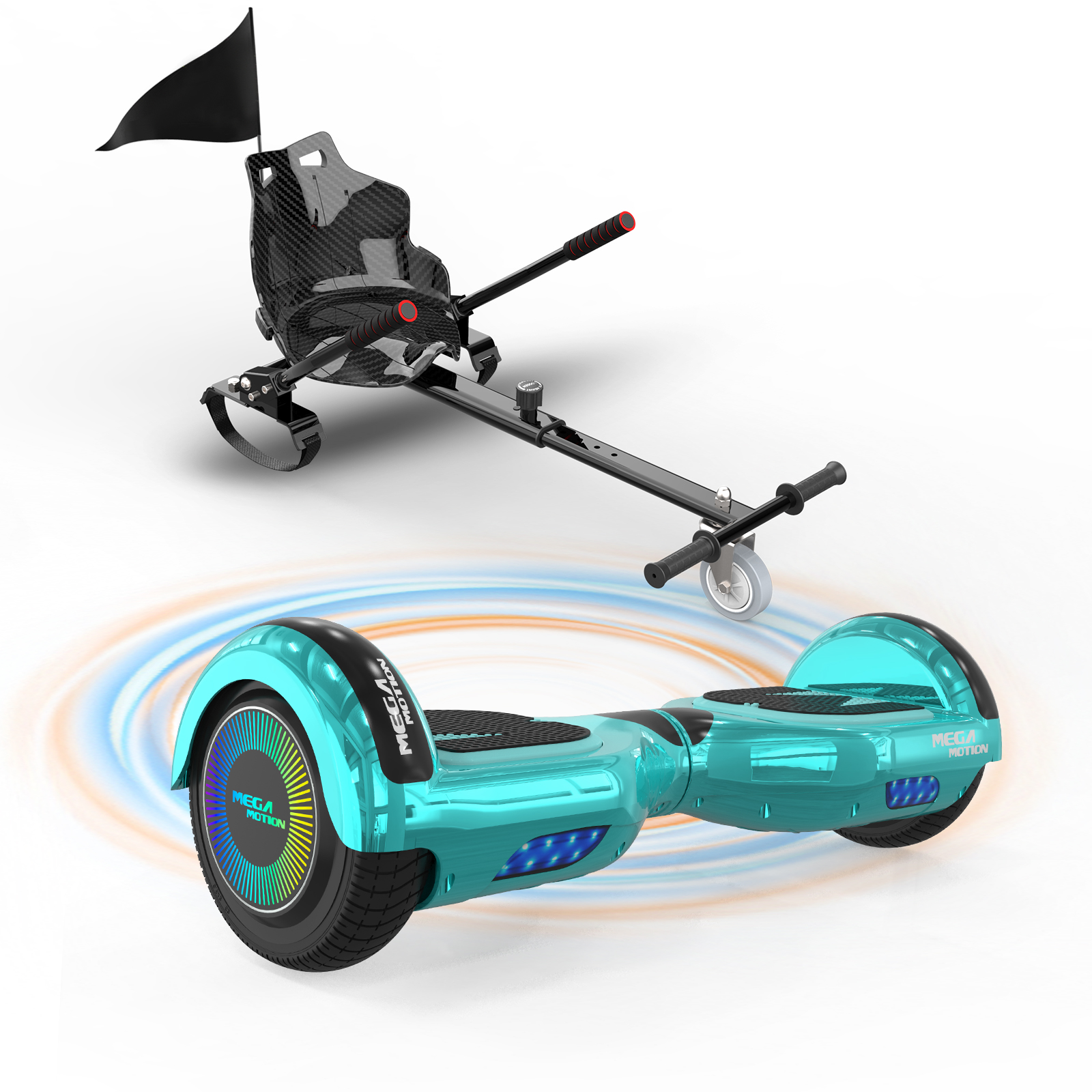 Ein türkisfarbenes Hoverboard mit Sitzbefestigung und schwarzer Fahne wird gezeigt.