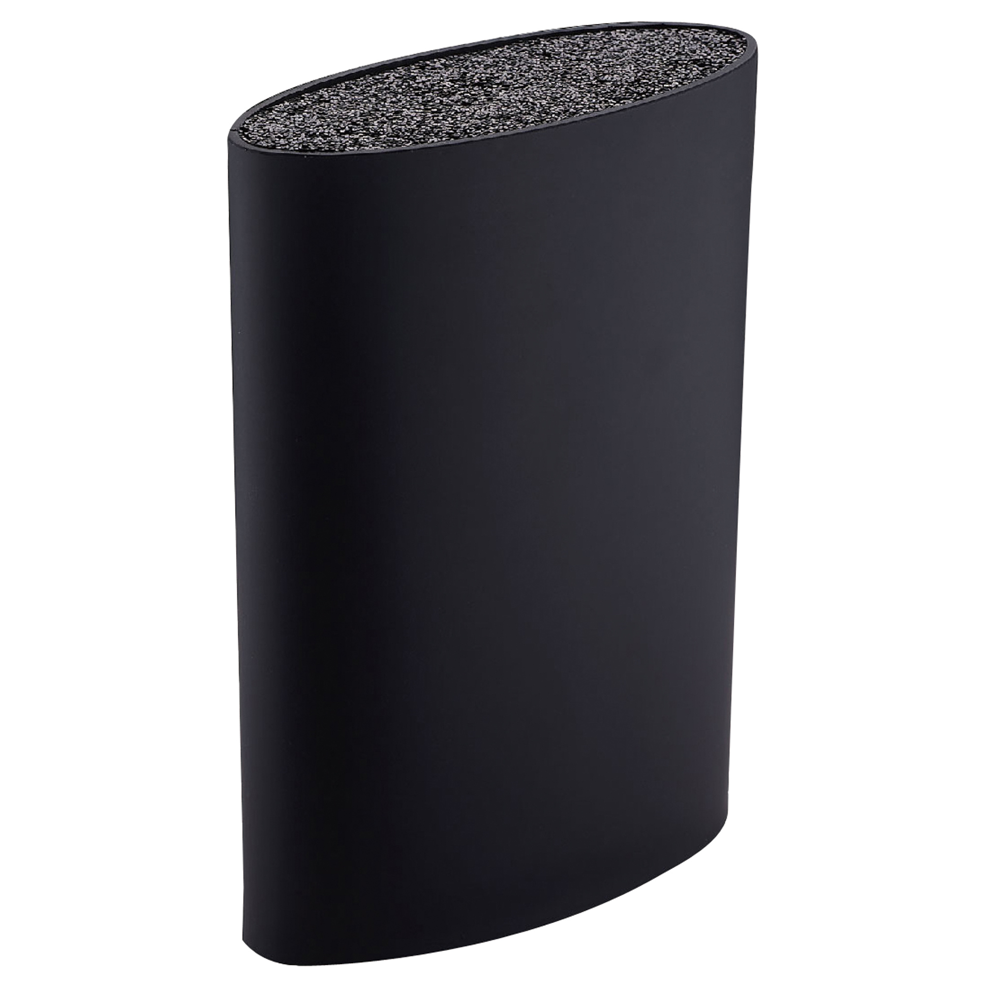 Un bloque de cuchillos negro con cuchillos dentro, sobre un fondo blanco.
