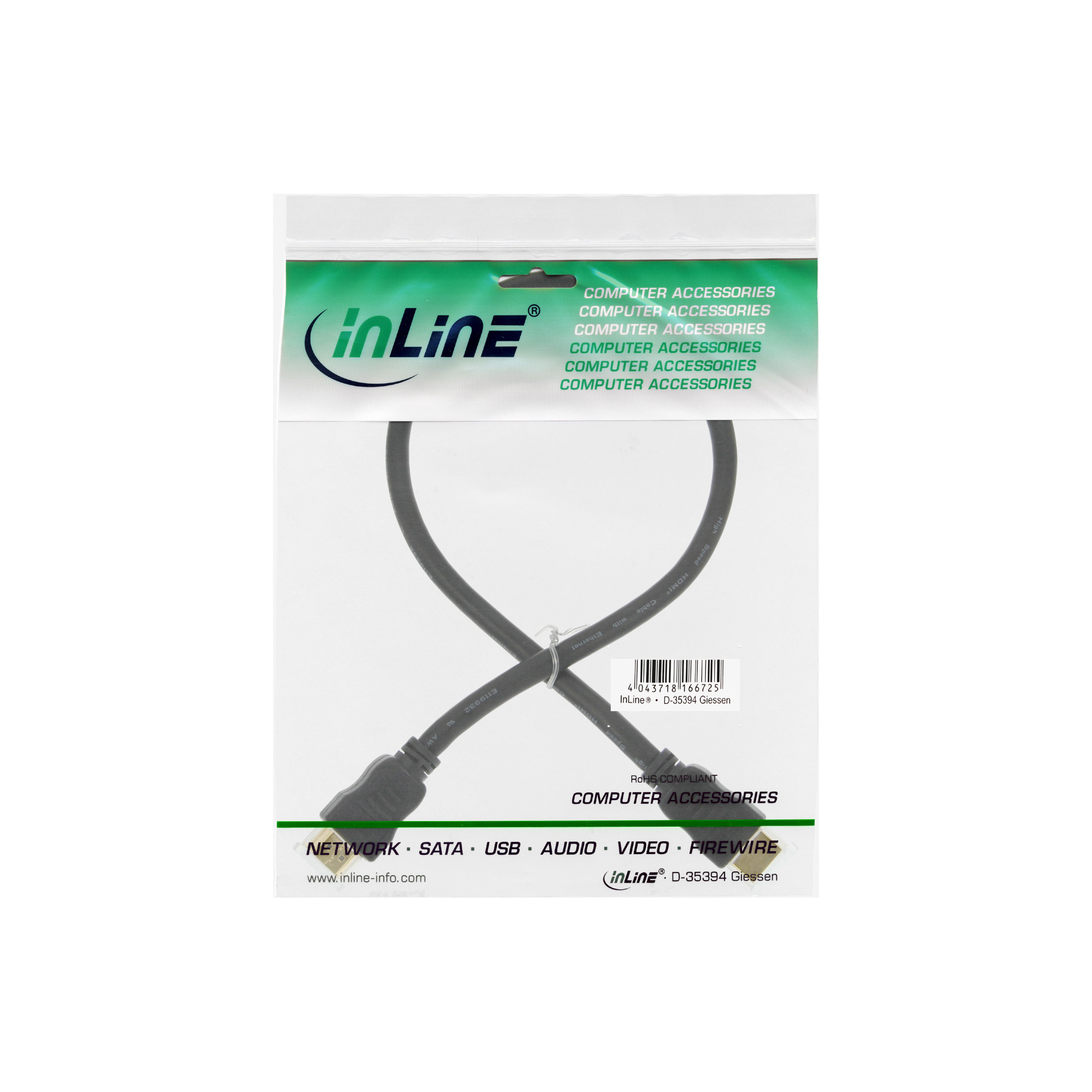 Ein Kabel, verpackt in einer transparenten Plastiktüte, mit dem 'inLine'-Logo und Text für Computerzubehör.