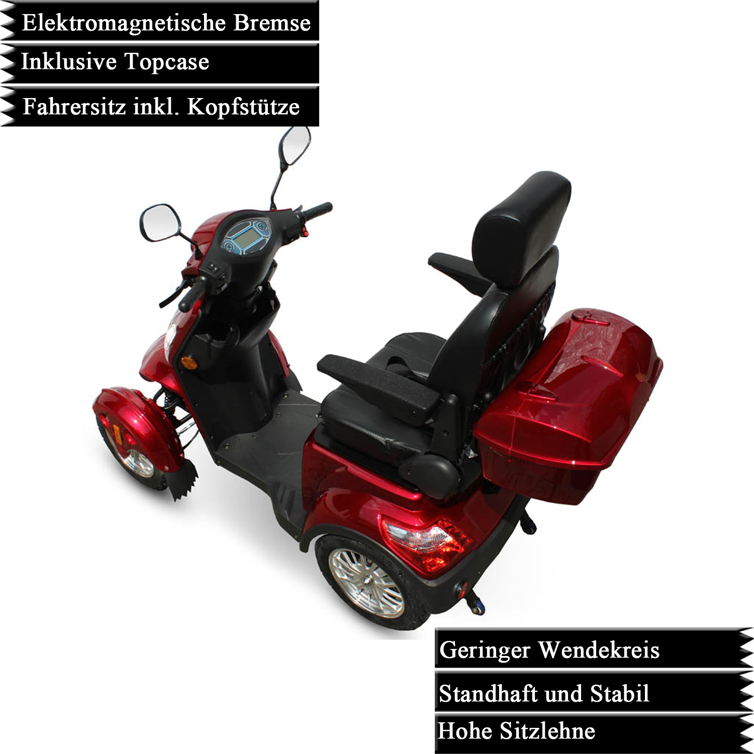 Ein roter Mobilitätsroller mit schwarzem Sitz und Stauraum. Er hat drei Räder. Textkennzeichnungen weisen auf Merkmale hin.