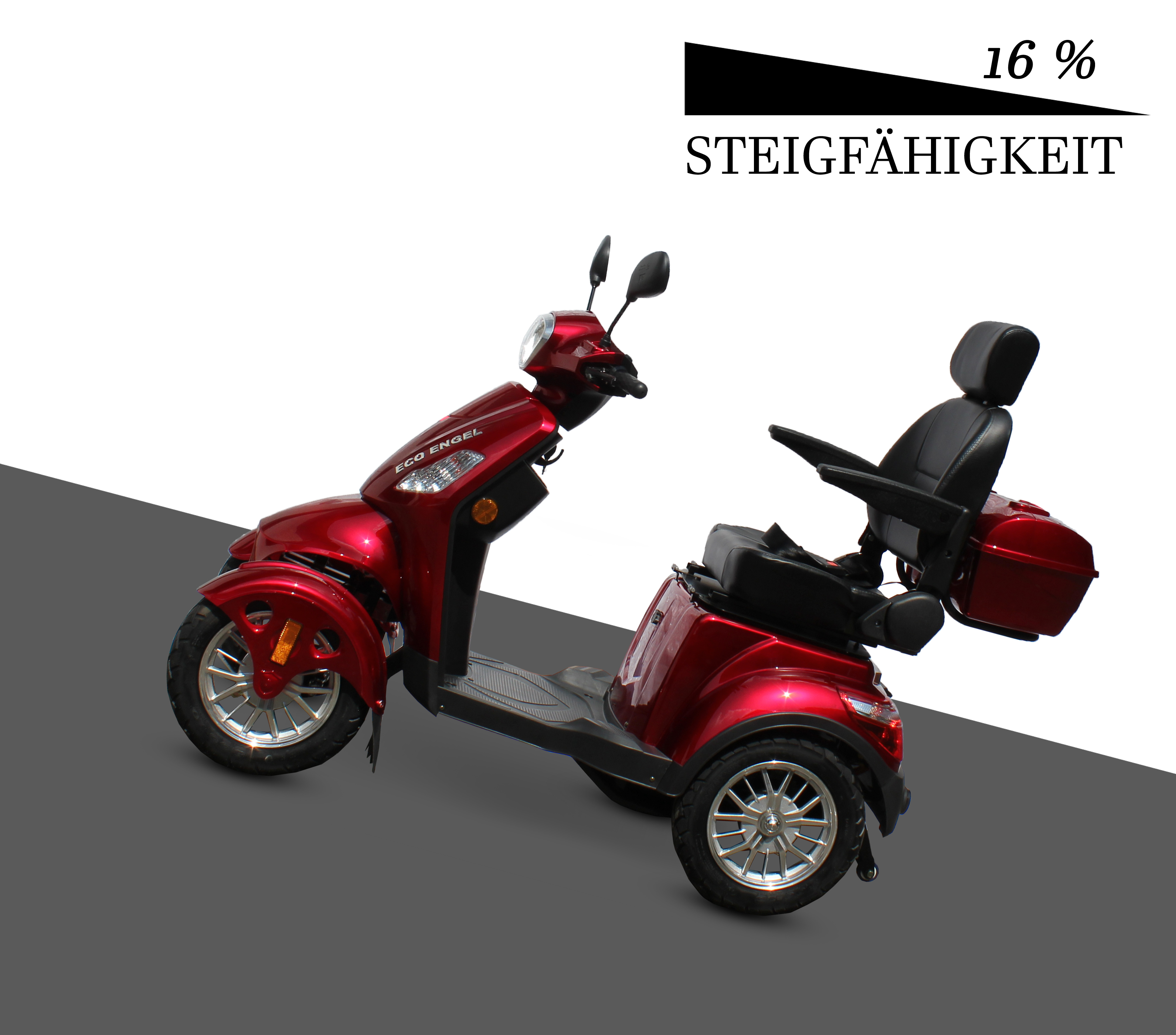 Roter Dreirad-Roller mit schwarzem Sitz und Rückenlehne. Ein Text gibt 16 % Steigung an.