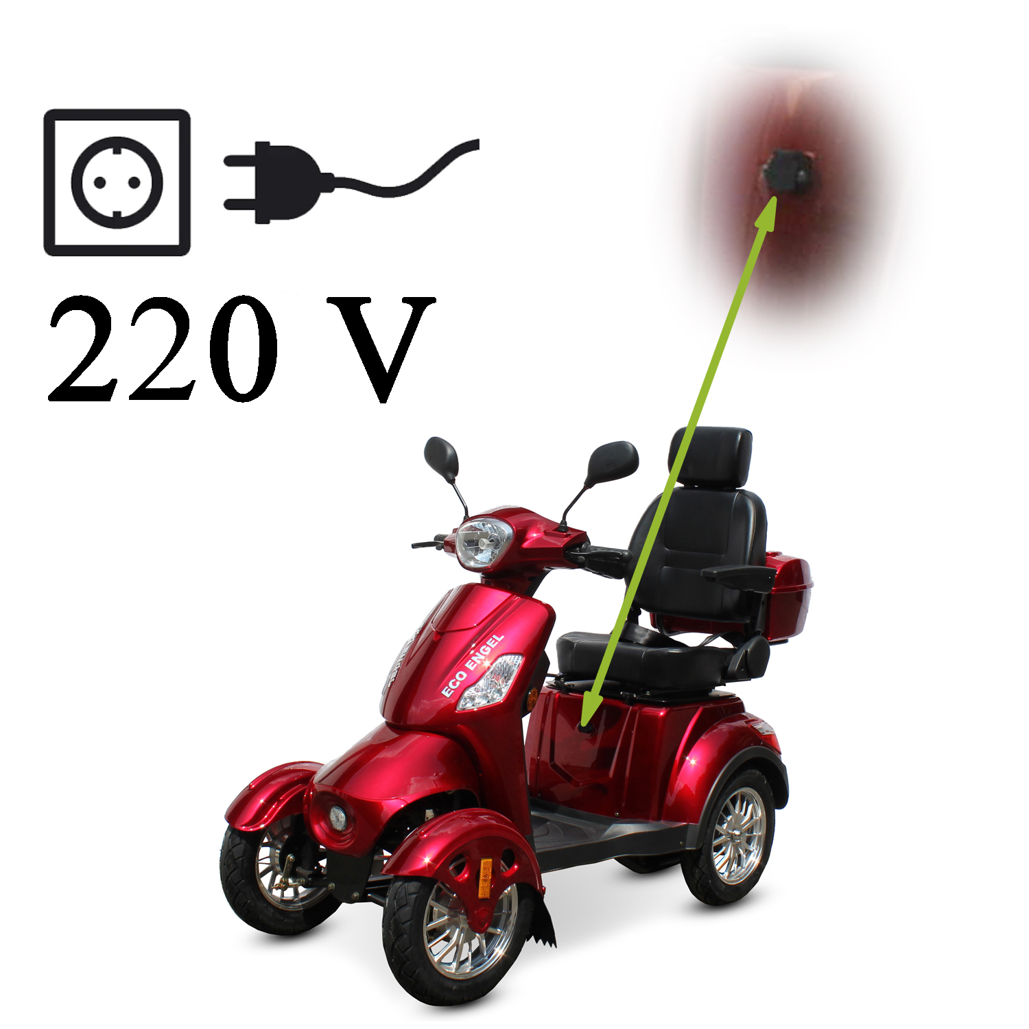 Roter Mobilitätsroller mit Ladeanschluss-Illustration, 220 V Text und weißem Hintergrund.