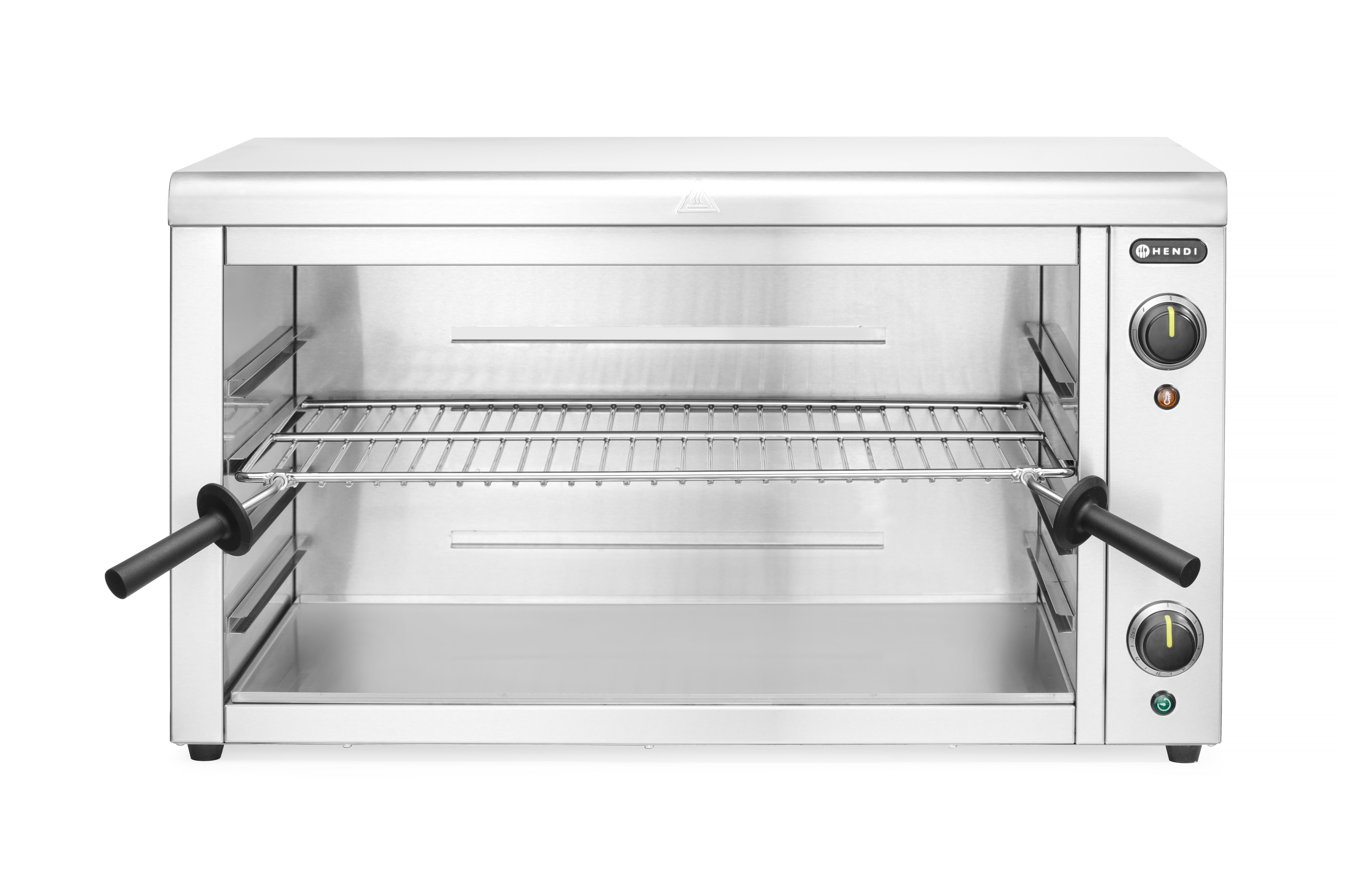 Un forno in acciaio inossidabile con griglia interna e due maniglie. Sfondo bianco.