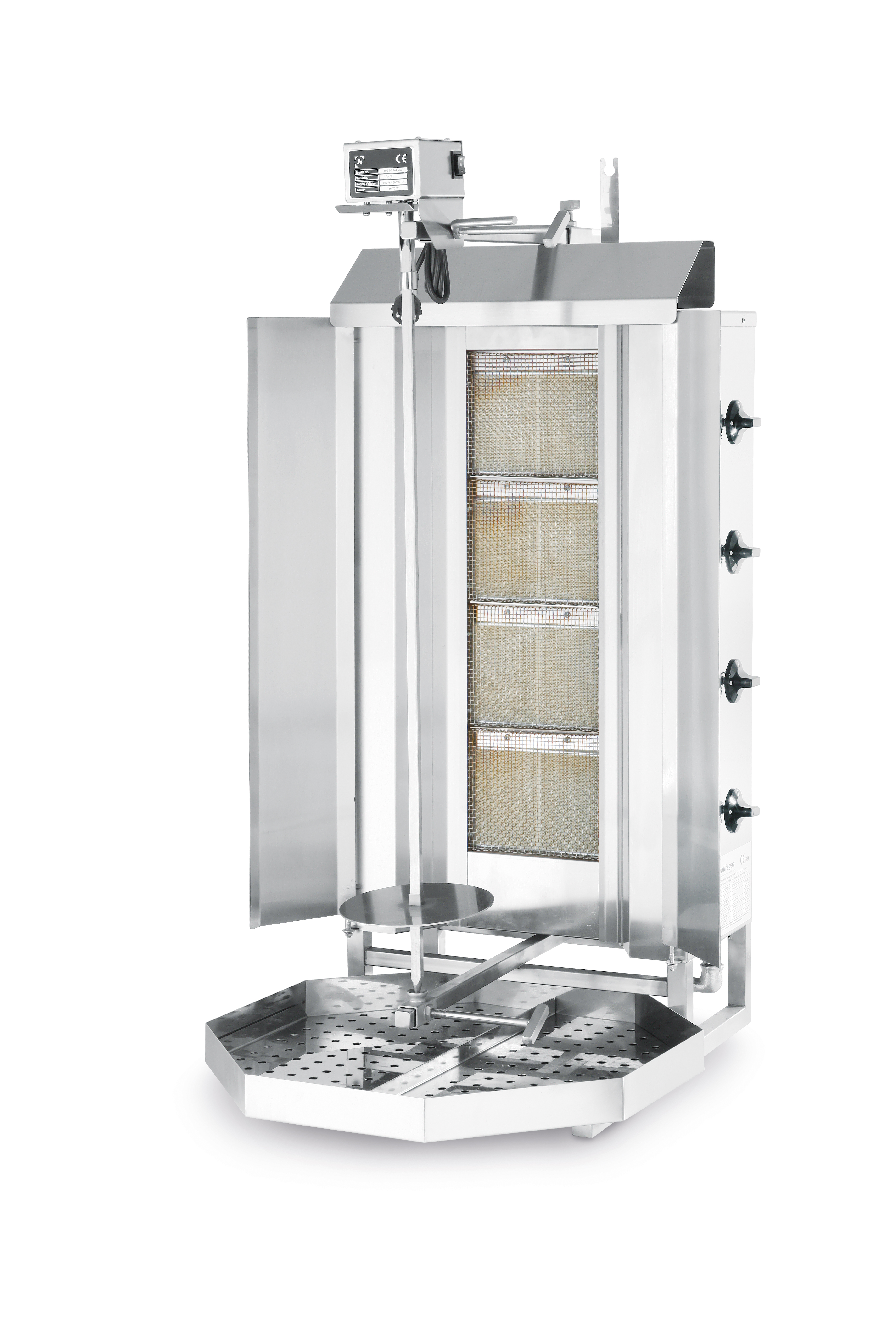 Forno a girarrosto verticale con spiedo rotante, in acciaio inox.
