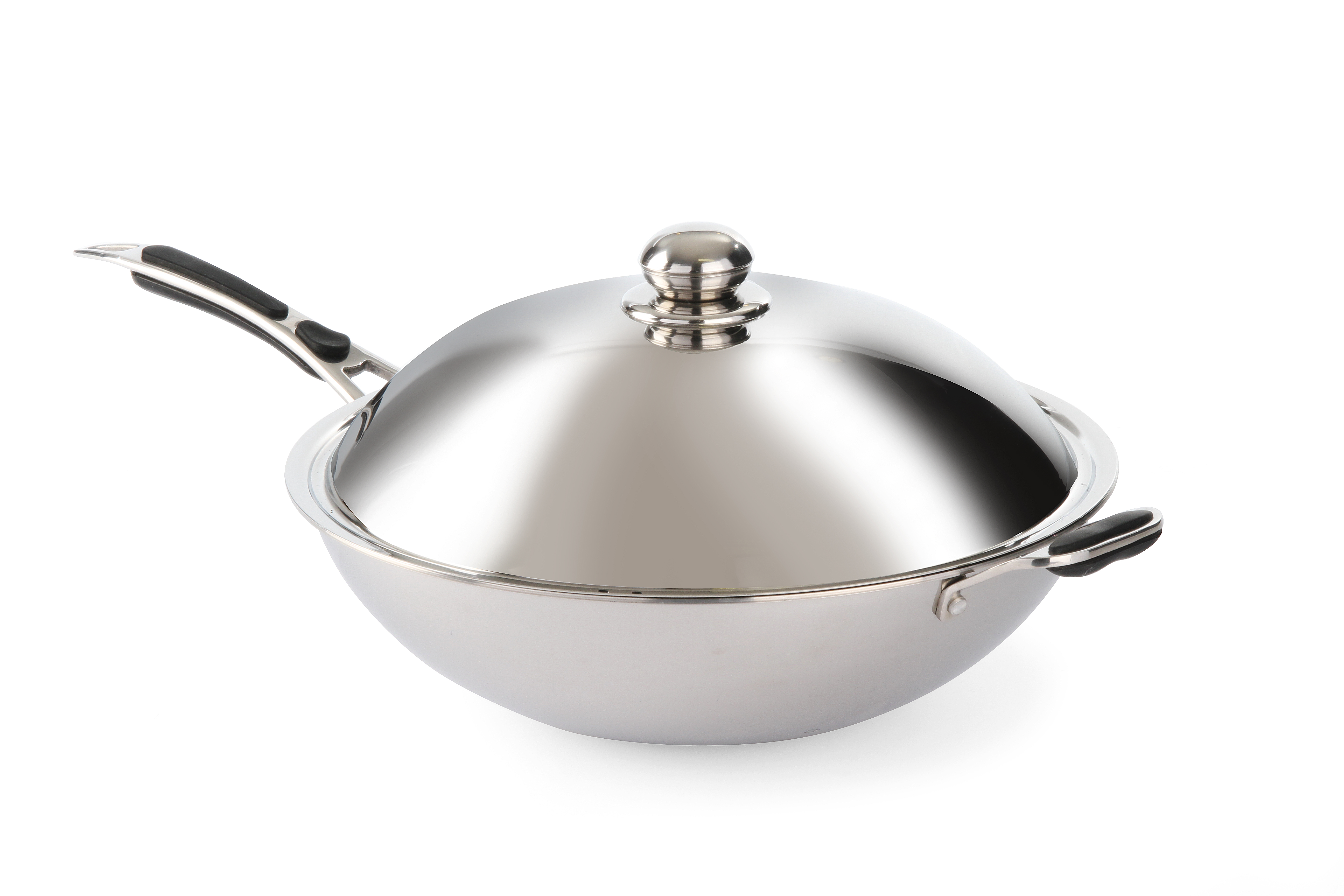Edelstahl-Wok mit Deckel. Griff an der Seite und ein kleiner Griff am Deckel.