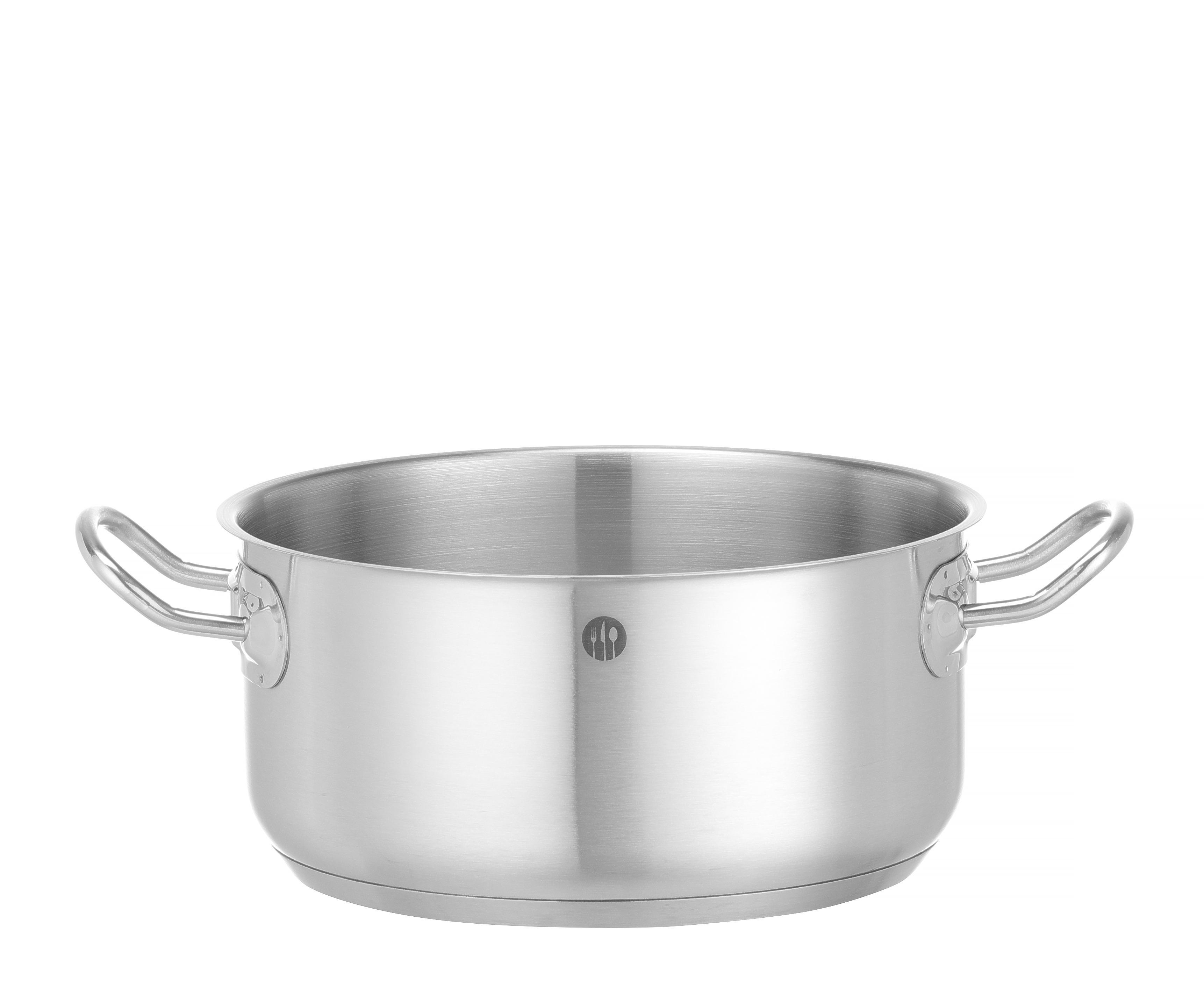 Pentola in acciaio inox con due manici laterali. Lucida e vuota, su sfondo bianco.