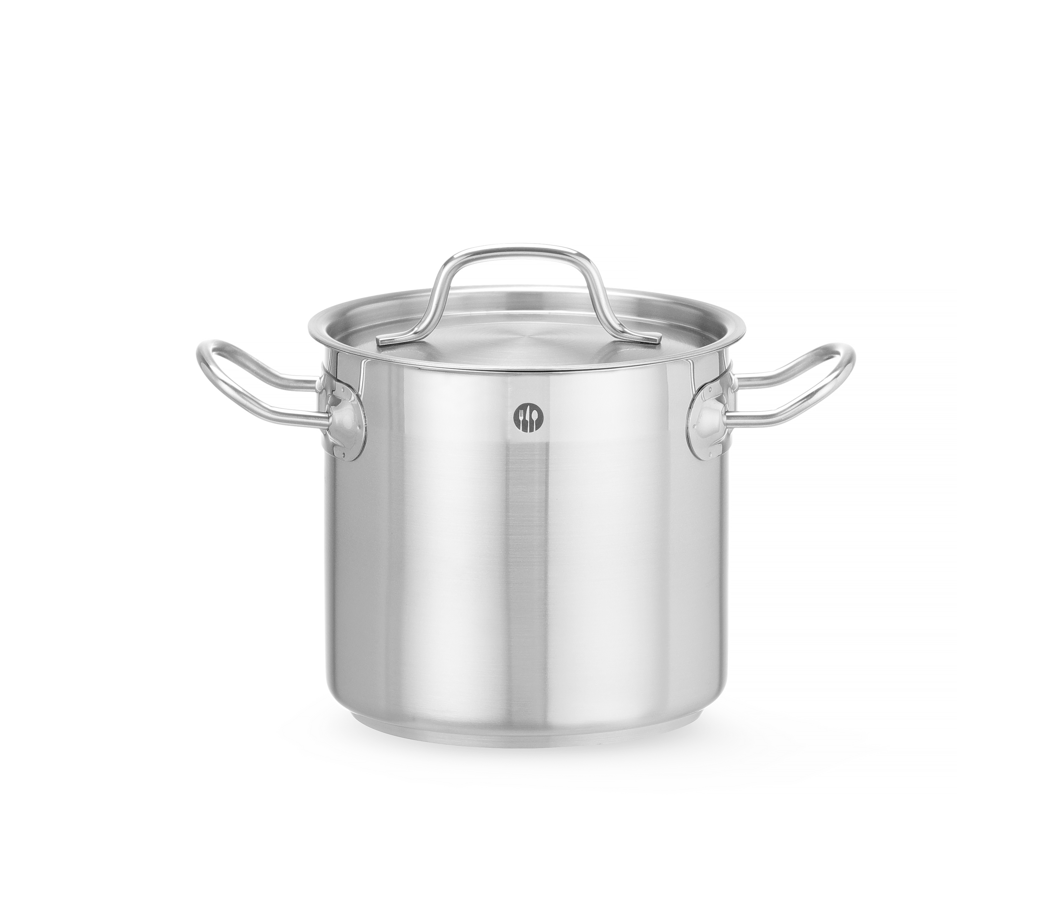 Pentola in acciaio inox con coperchio e manici, isolata su sfondo bianco.