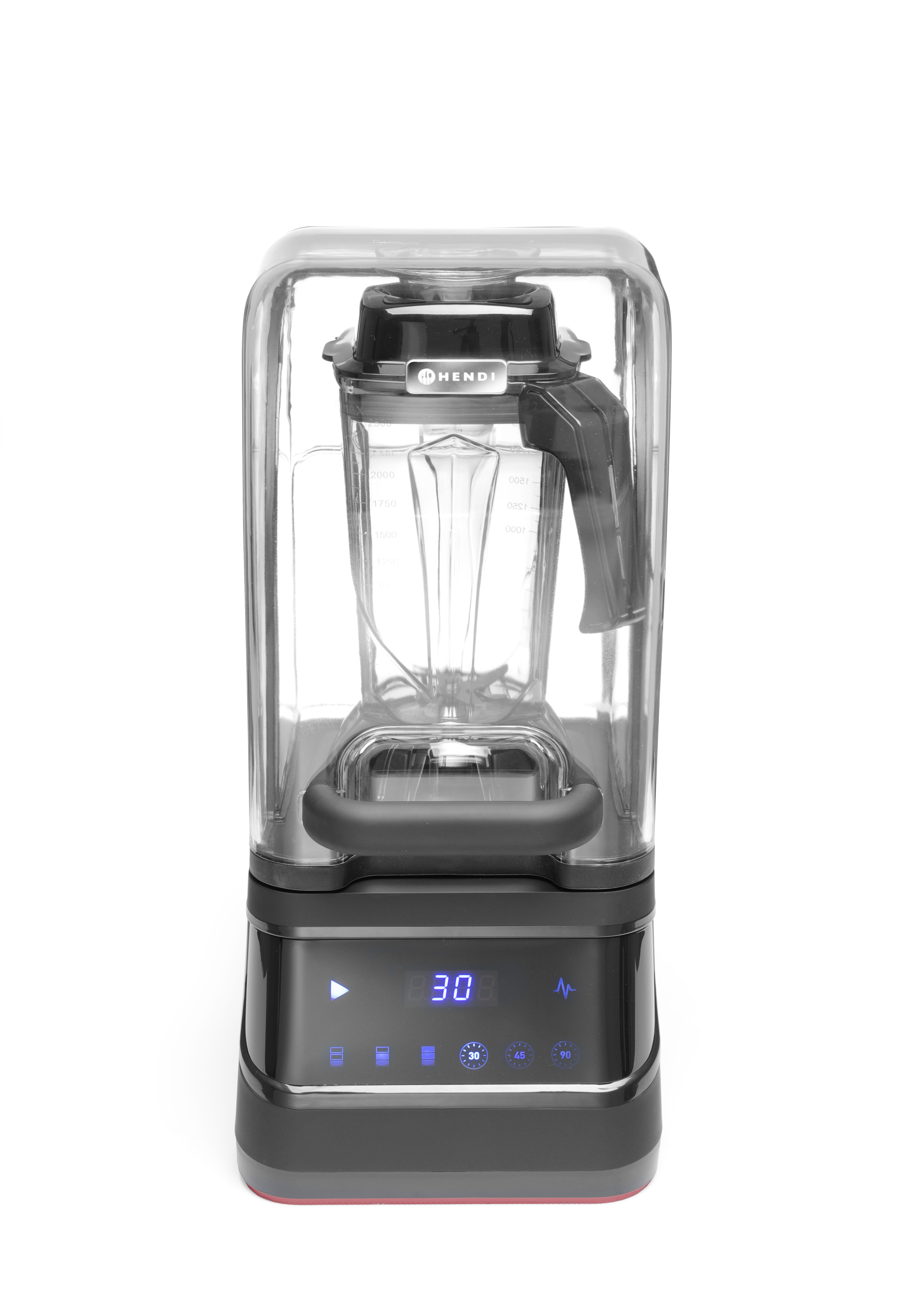Transparenter Mixer mit schwarzem Sockel, digitaler Anzeige und grauem Griff.