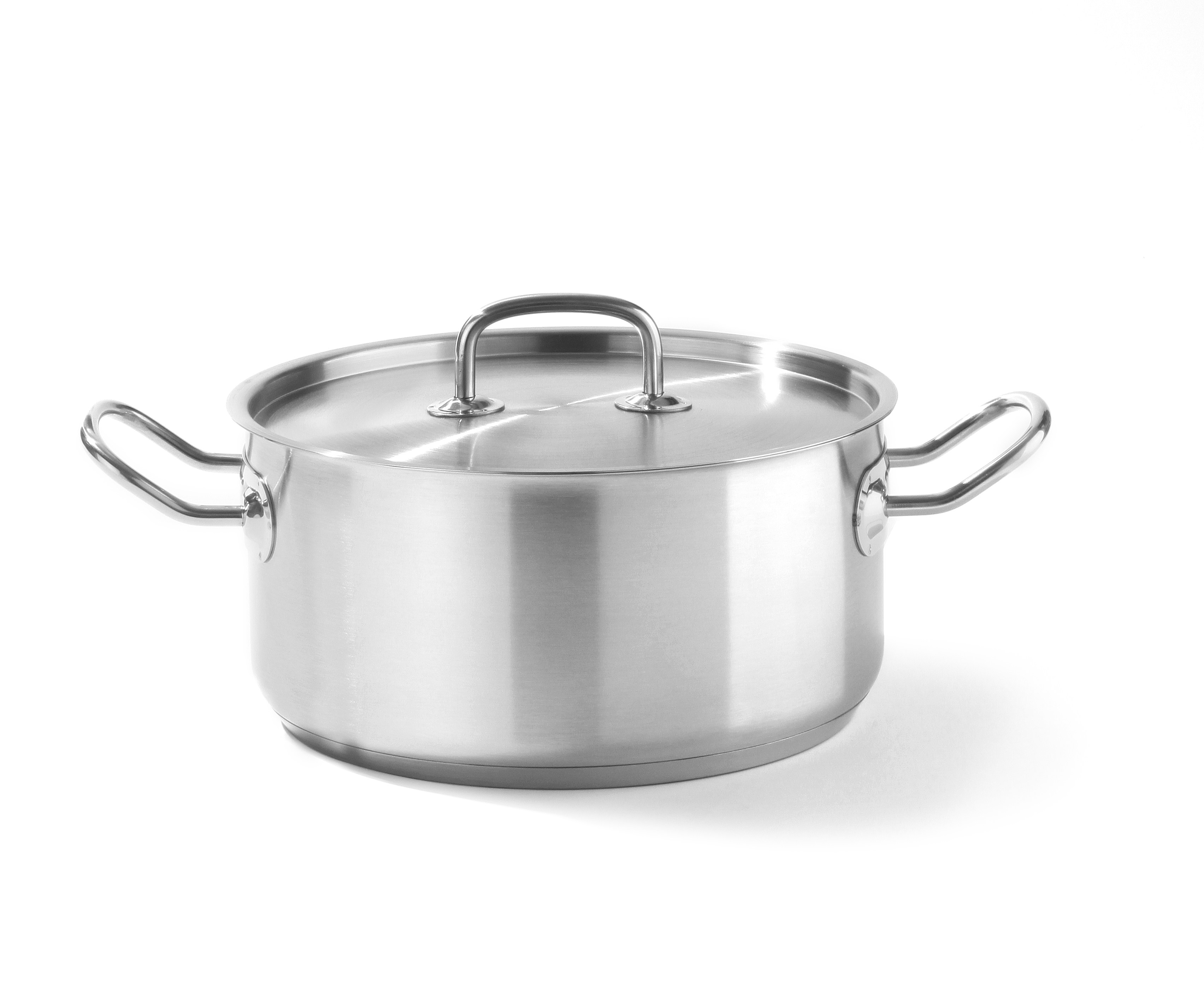 Pentola in acciaio inox con coperchio e due manici.