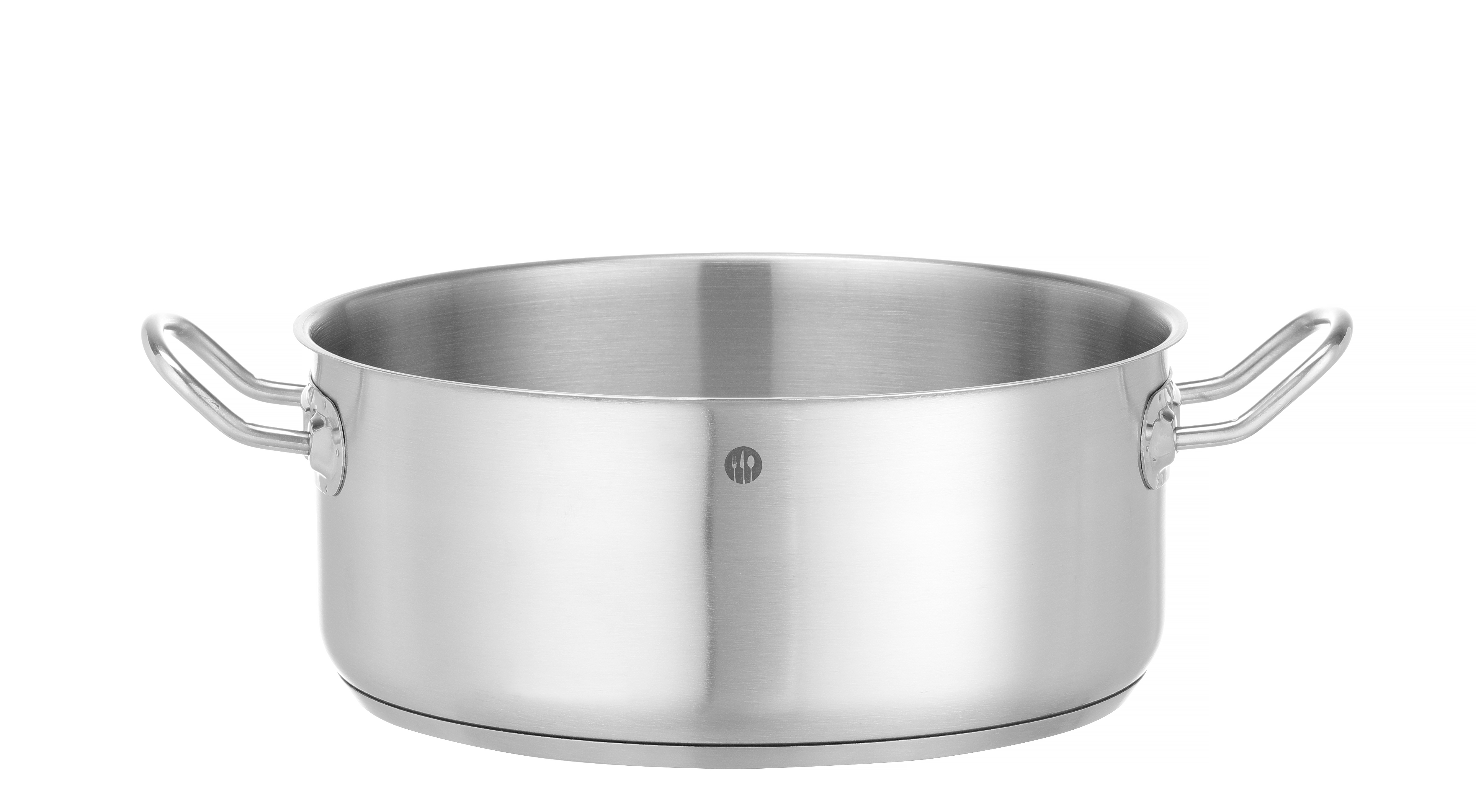 Pentola grande in acciaio inox con due manici, su sfondo bianco, senza coperchio.