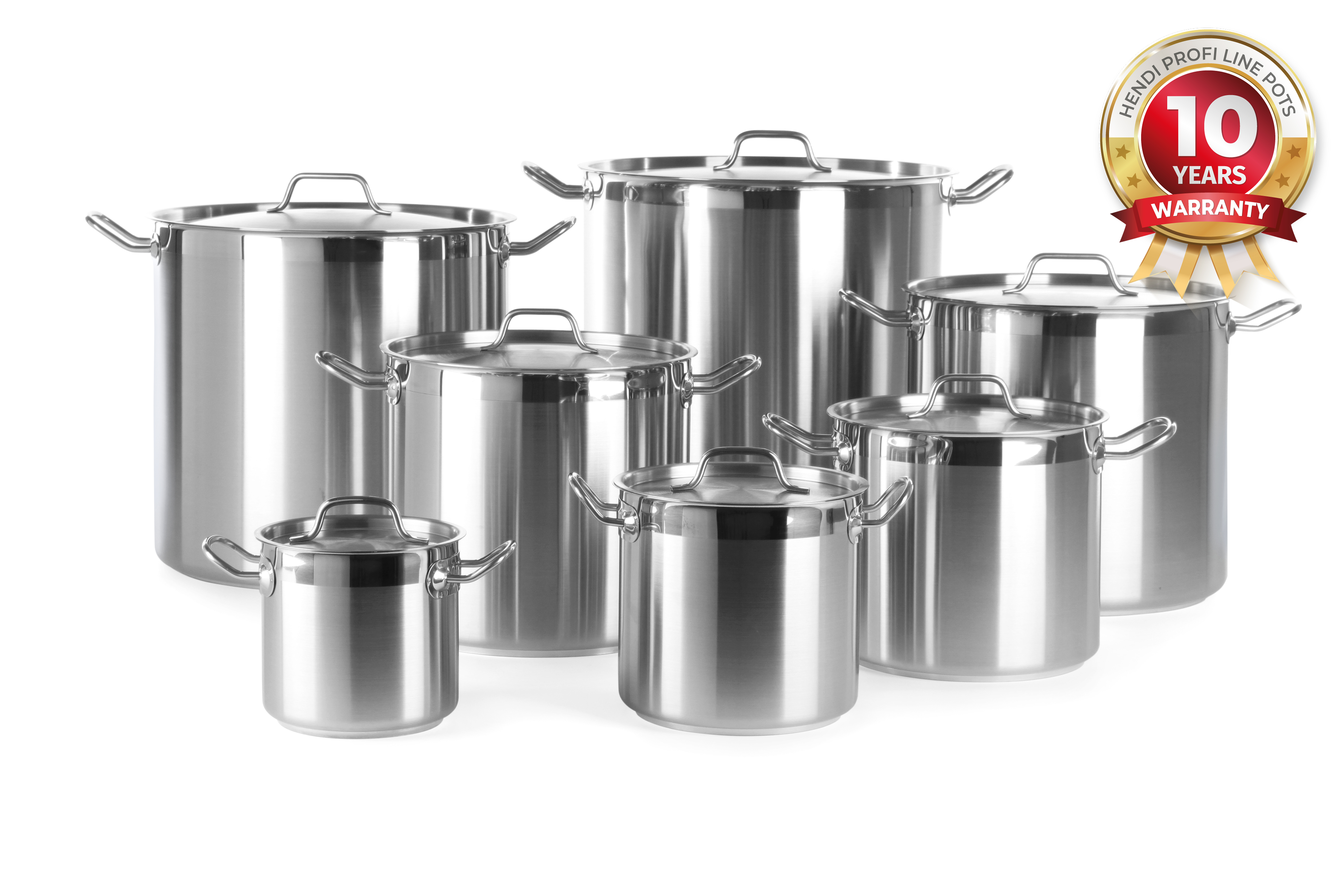 Diverse pentole in acciaio inox con coperchi, varie misure.