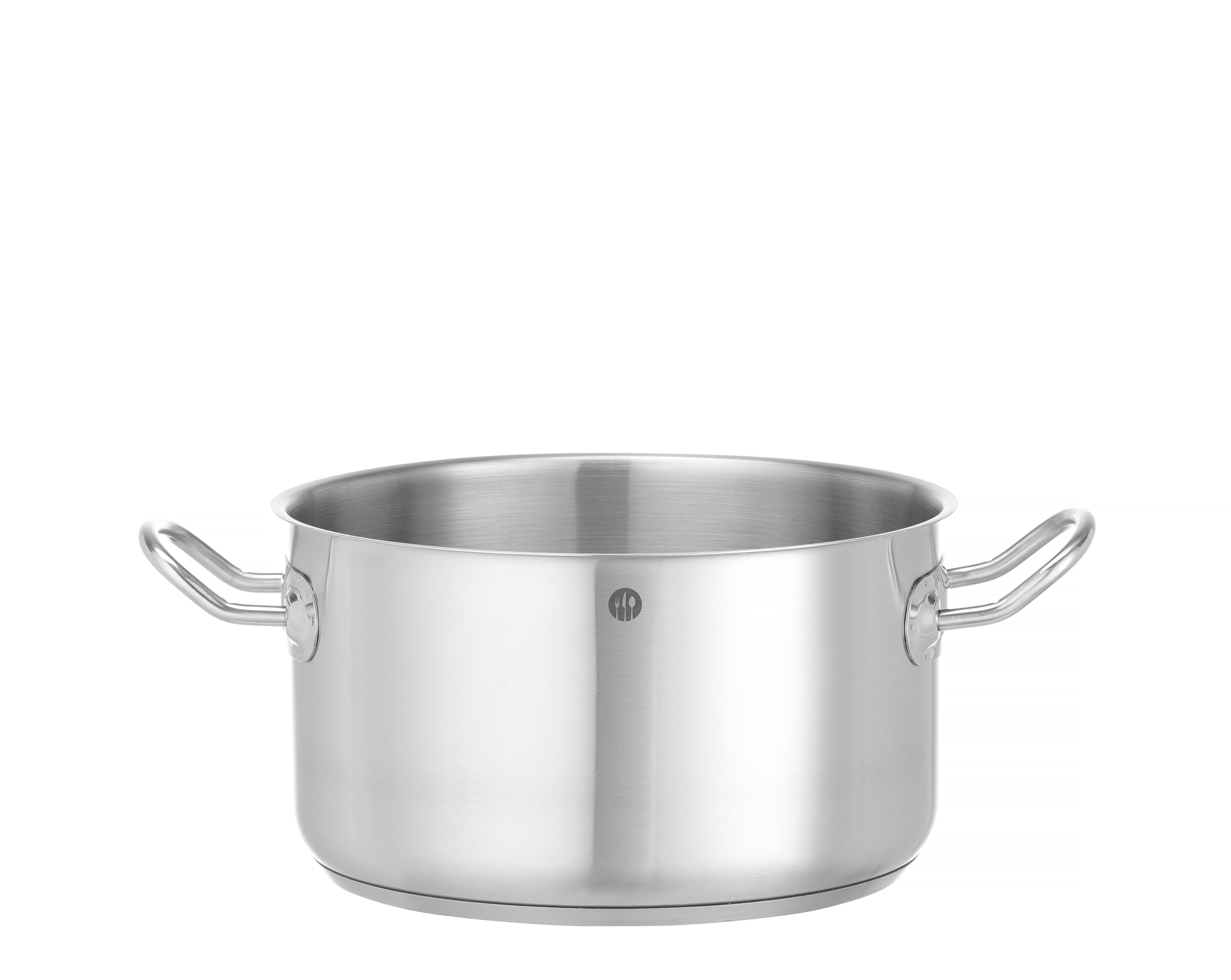 Pentola grande in acciaio inox con due manici, su sfondo bianco, senza coperchio.