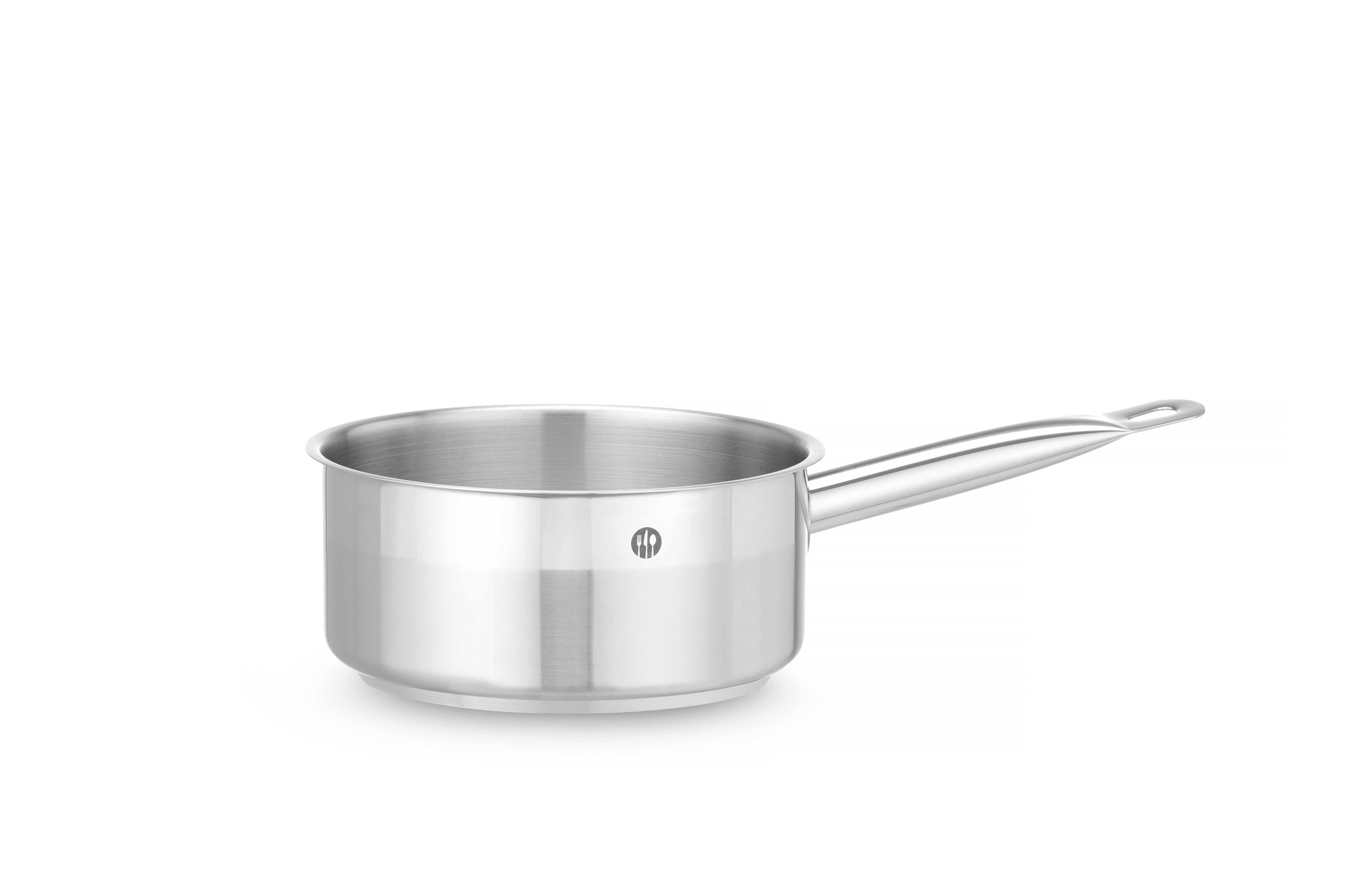 Casseruola in acciaio inossidabile con un lungo manico. La pentola è su uno sfondo bianco.