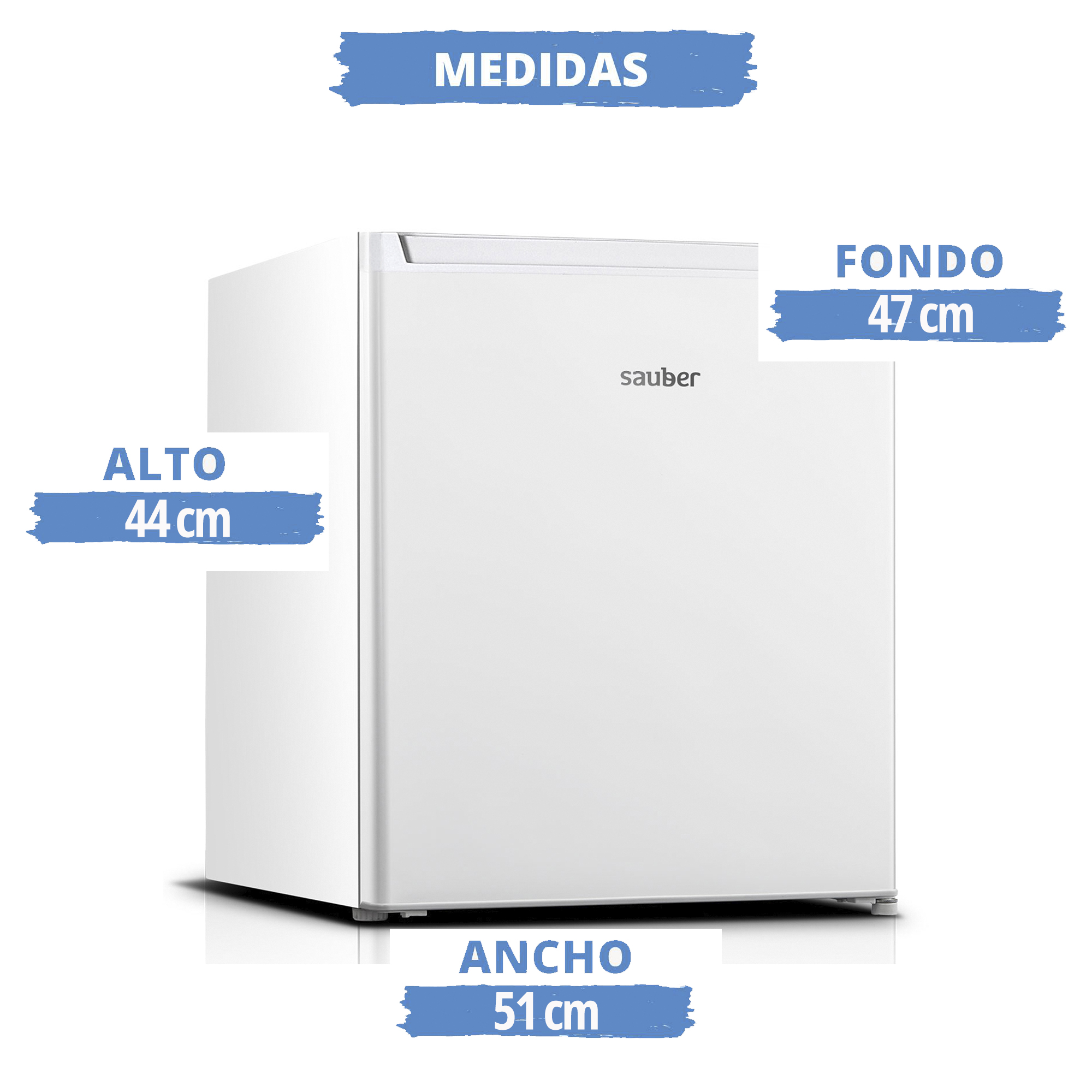 Mini-nevera Sauber blanca. Dimensiones etiquetadas: 44cm alto, 51cm ancho y 47cm fondo.