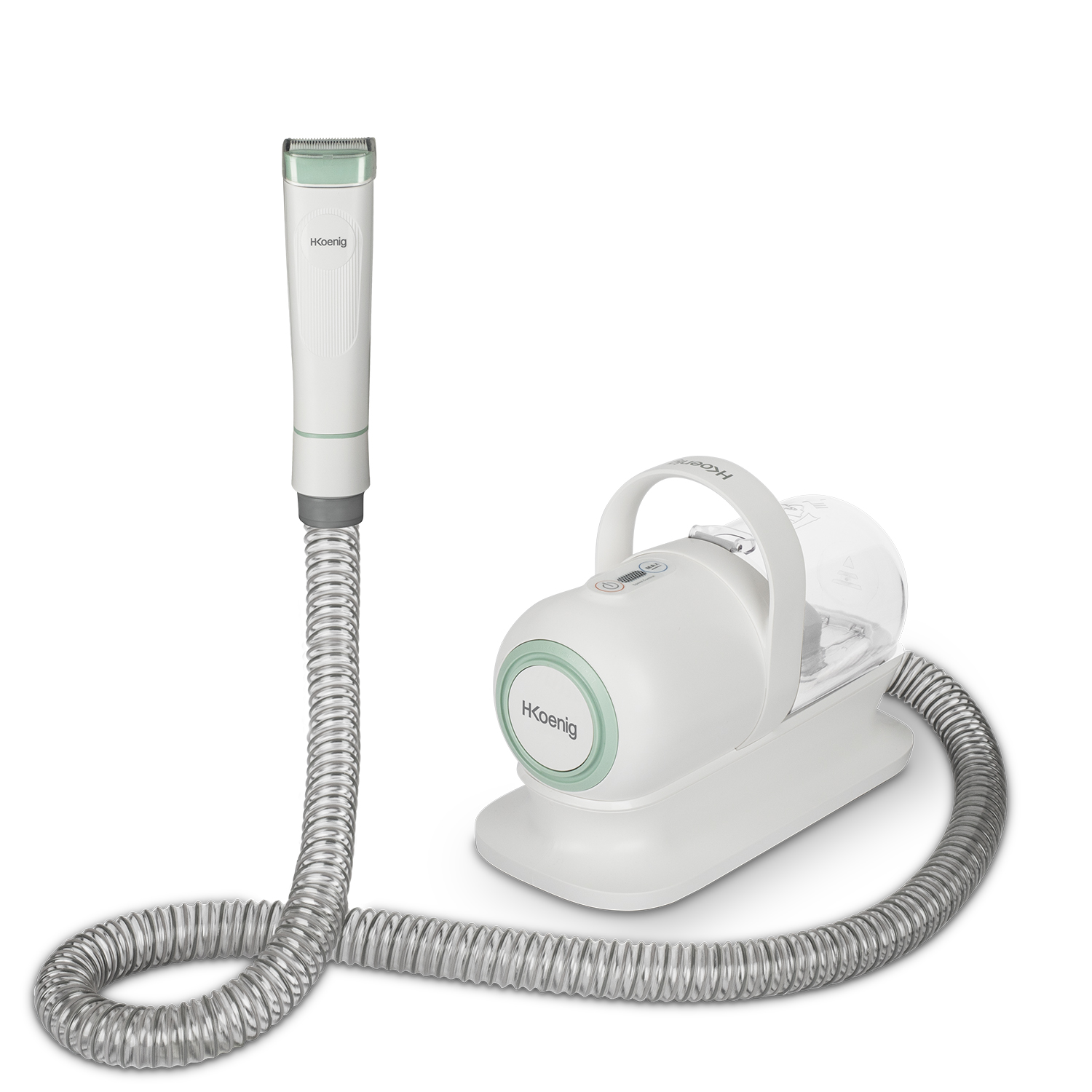 Aspirapolvere per capelli bianco e verde con tubo e trimmer staccabile. Sfondo bianco.