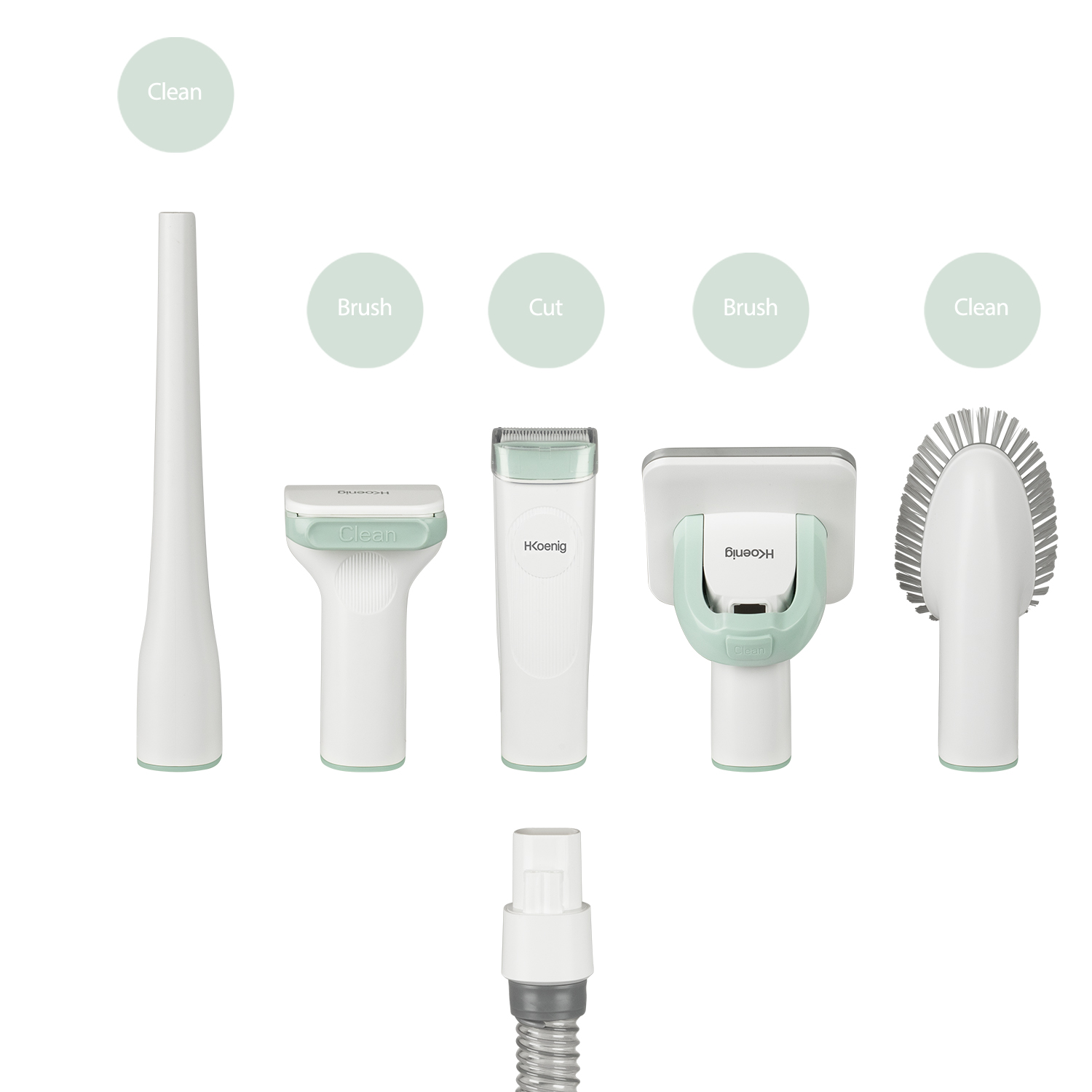 Accessori per aspirapolvere con etichette: Clean, Brush, Cut.