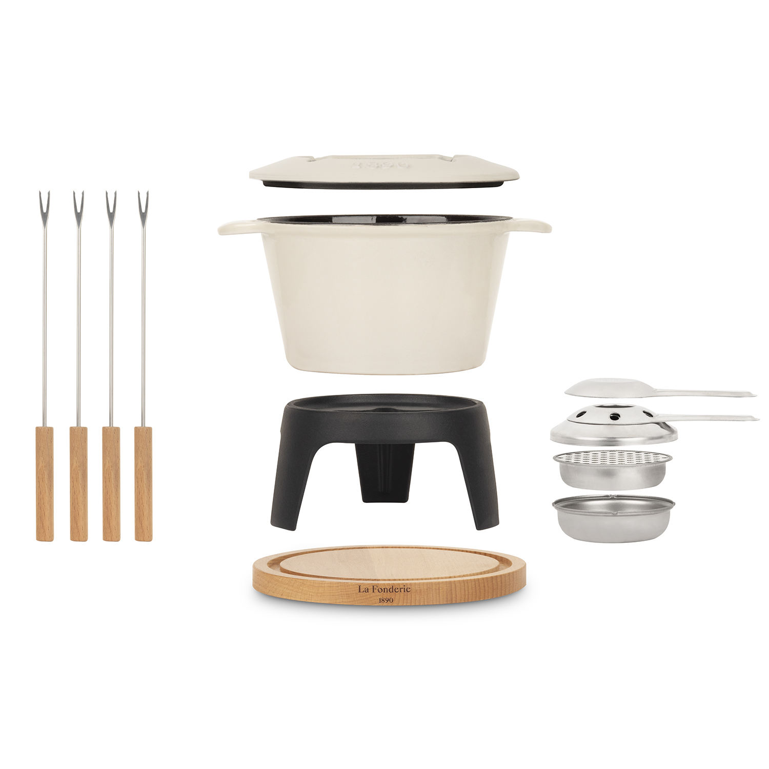 Fondue-Set mit Gabeln, Topf, Brenner und Holzbrett.