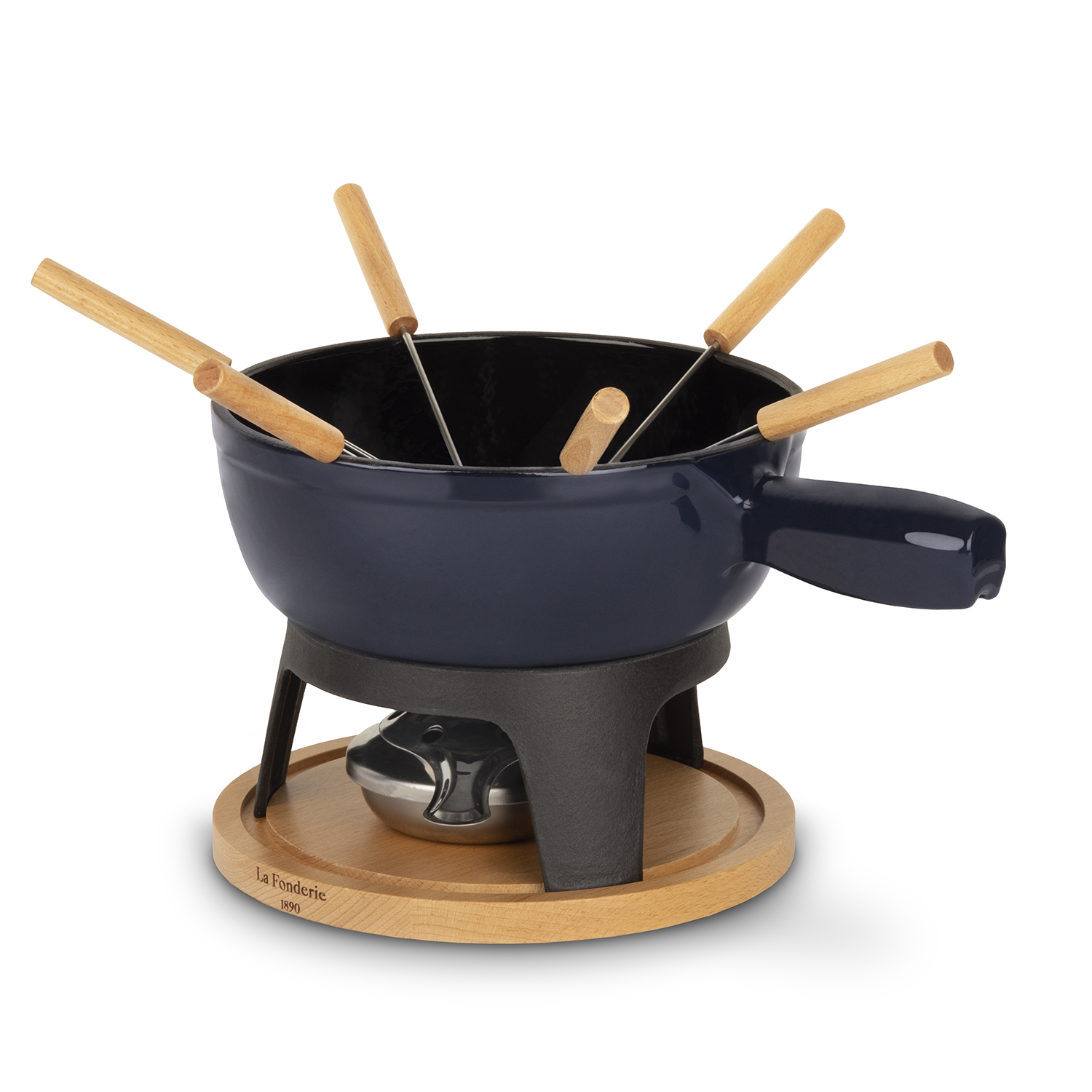 Set per fonduta blu con manici in legno e base in legno, logo La Fonderie.