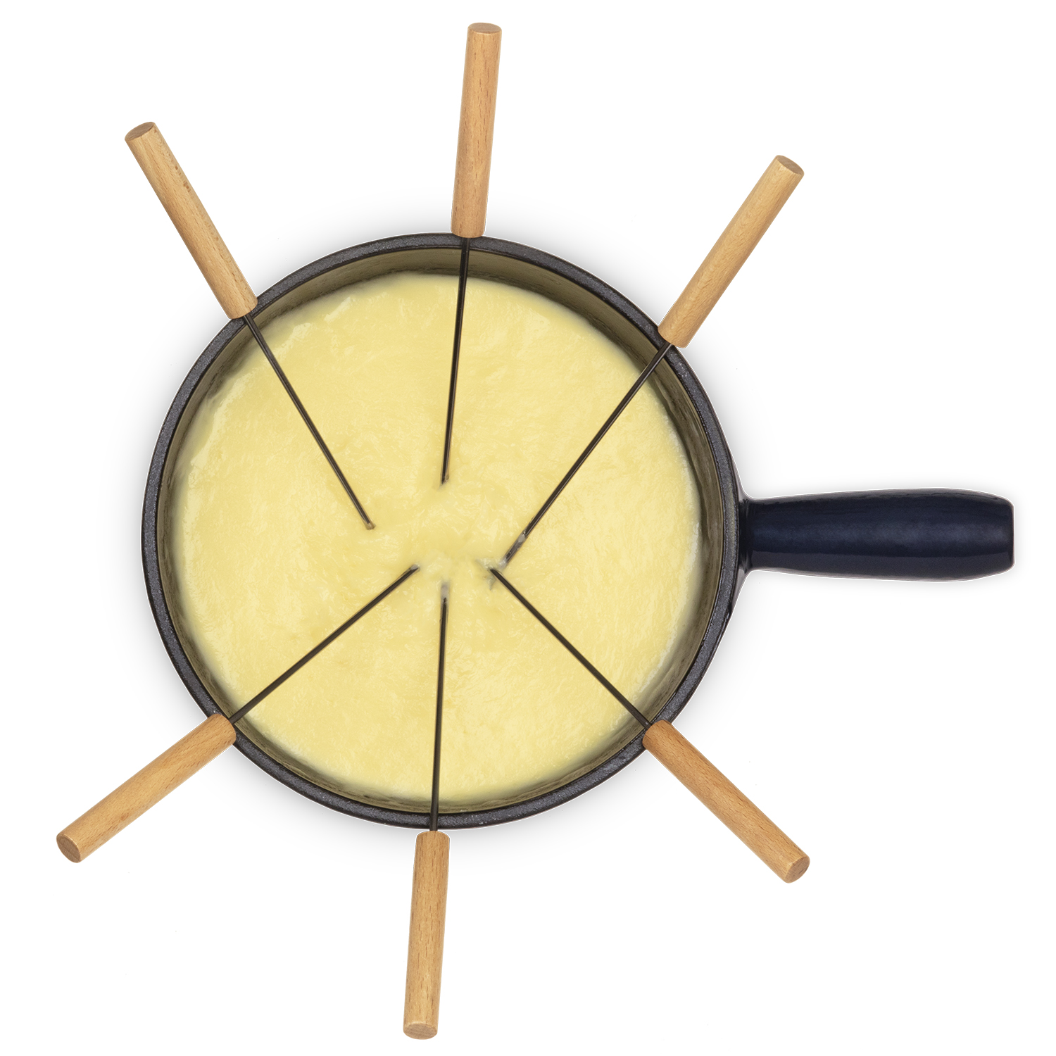 Pentola per fonduta con formaggio, forchette disposte intorno.