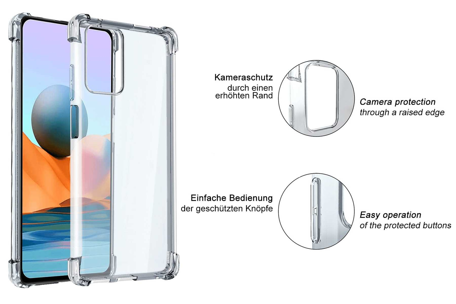Transparente Handyhülle, die ein Telefon schützt. Details zeigen erhöhte Kanten und Knopfschutz.