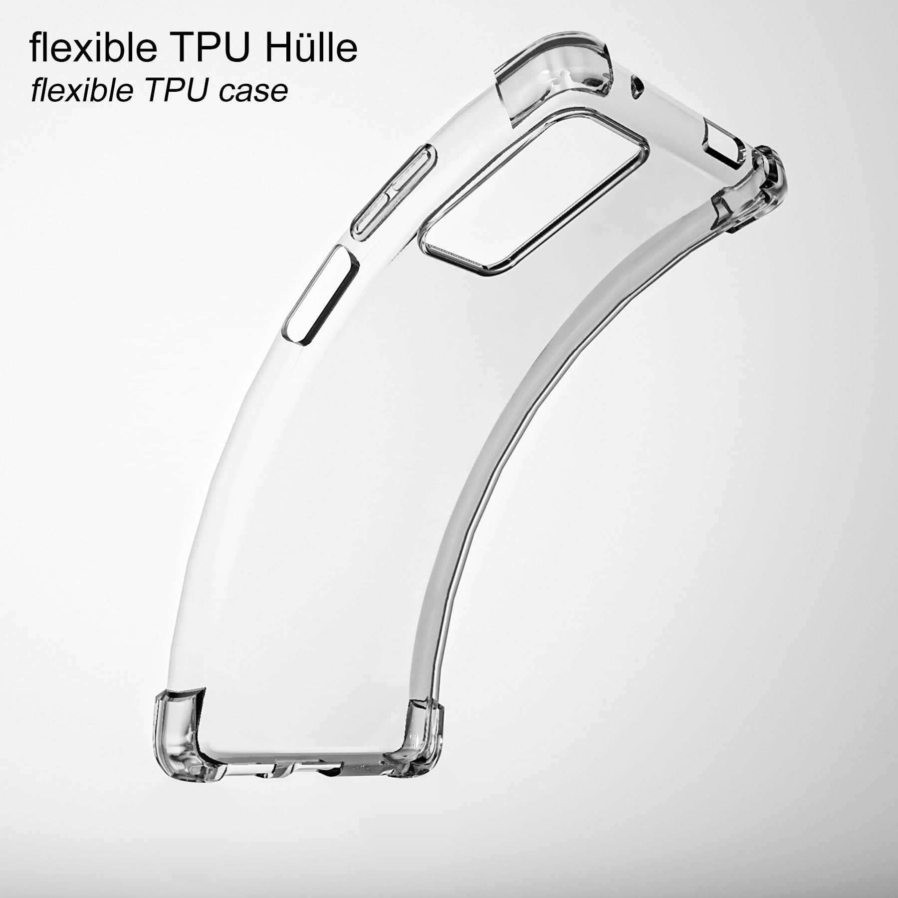Klare, flexible TPU-Hülle für ein Telefon, leicht gebogen, vor weißem Hintergrund.