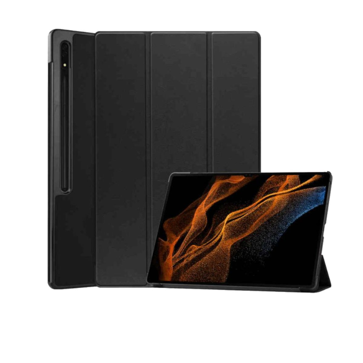 Schwarzes Tablet mit schwarzer Hülle. Der Bildschirm zeigt ein farbenfrohes Galaxienbild.