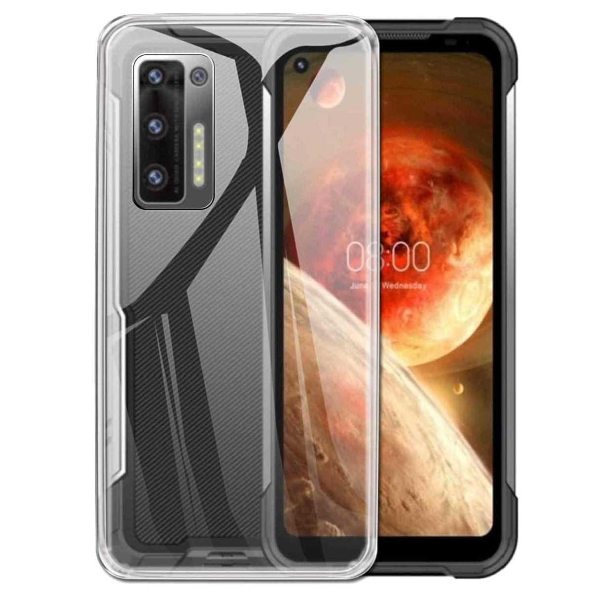 Smartphone in einer transparenten Hülle, zeigt die Uhrzeit auf dem Bildschirm.