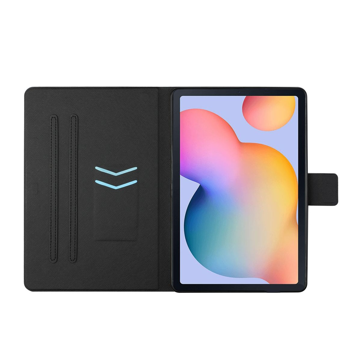 Schwarzes Tablet in offenem Gehäuse mit Pfeilen. Tablet zeigt farbenfrohes, abstraktes Bild.