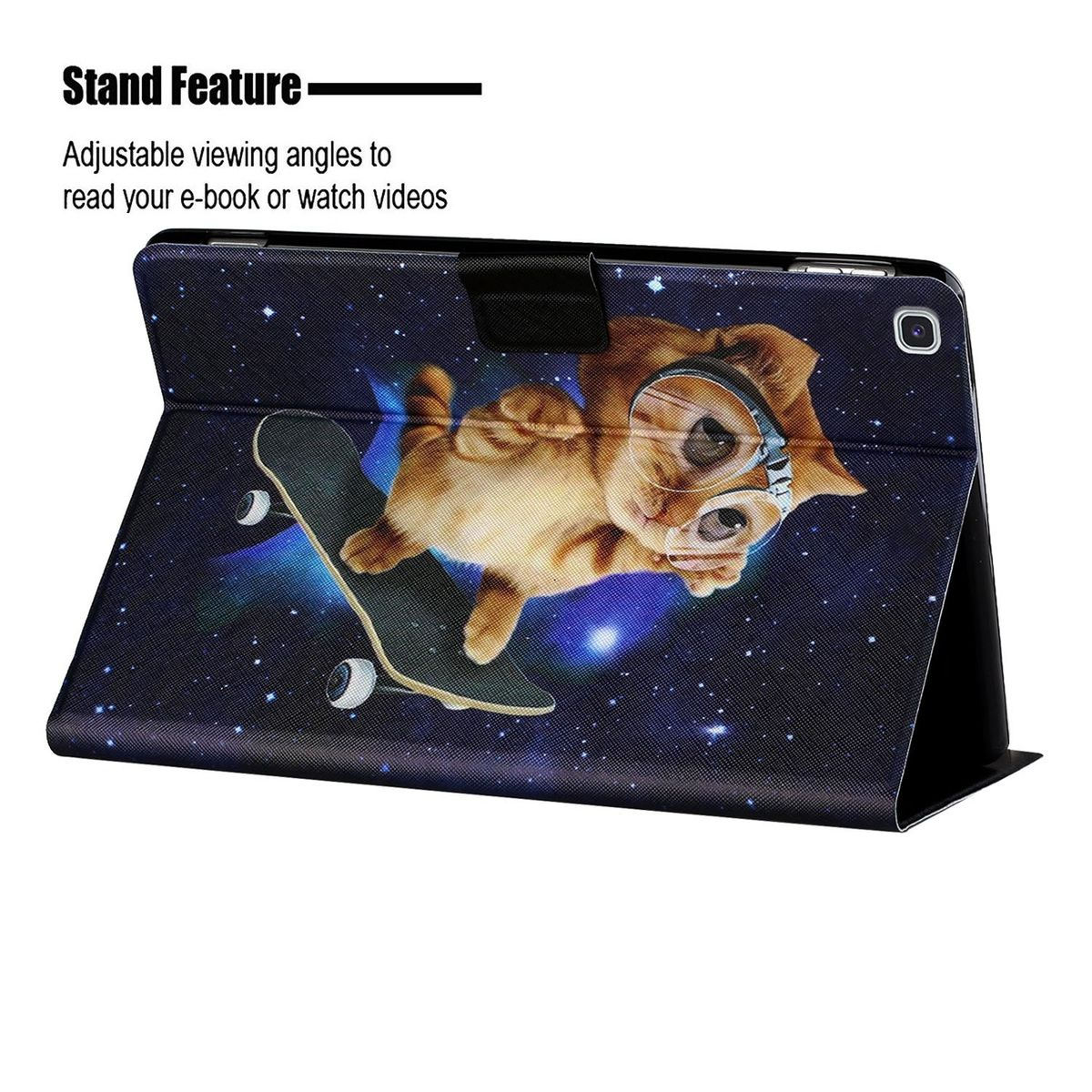 Tablet-Hülle mit einer Katze mit Brille, die auf einem Skateboard im Weltraum fährt, mit Ständerfunktion.