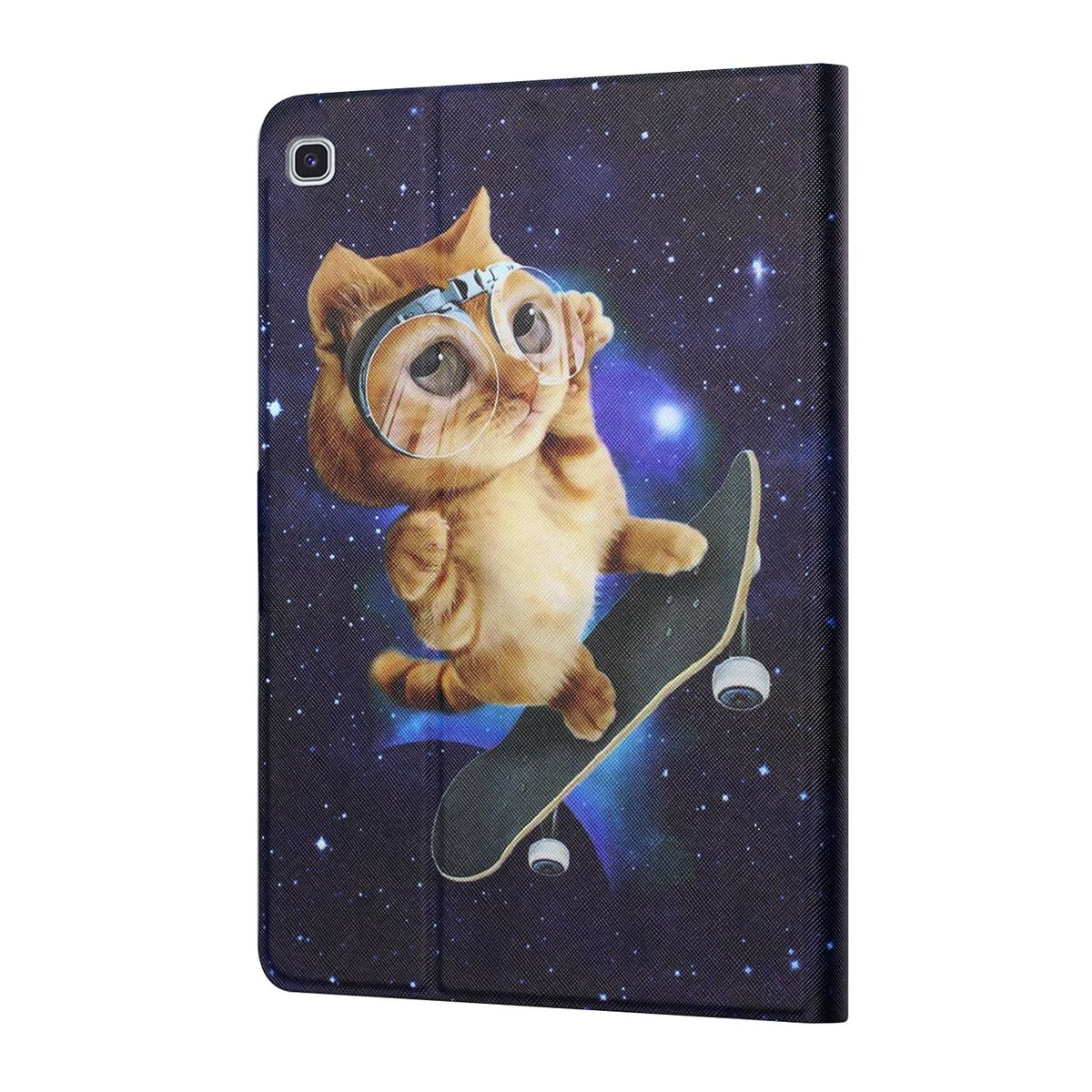 Eine Handyhülle zeigt eine Katze auf einem Skateboard im Weltraum. Die Katze trägt eine Brille. Der Hintergrund ist ein Sternenhimmel.