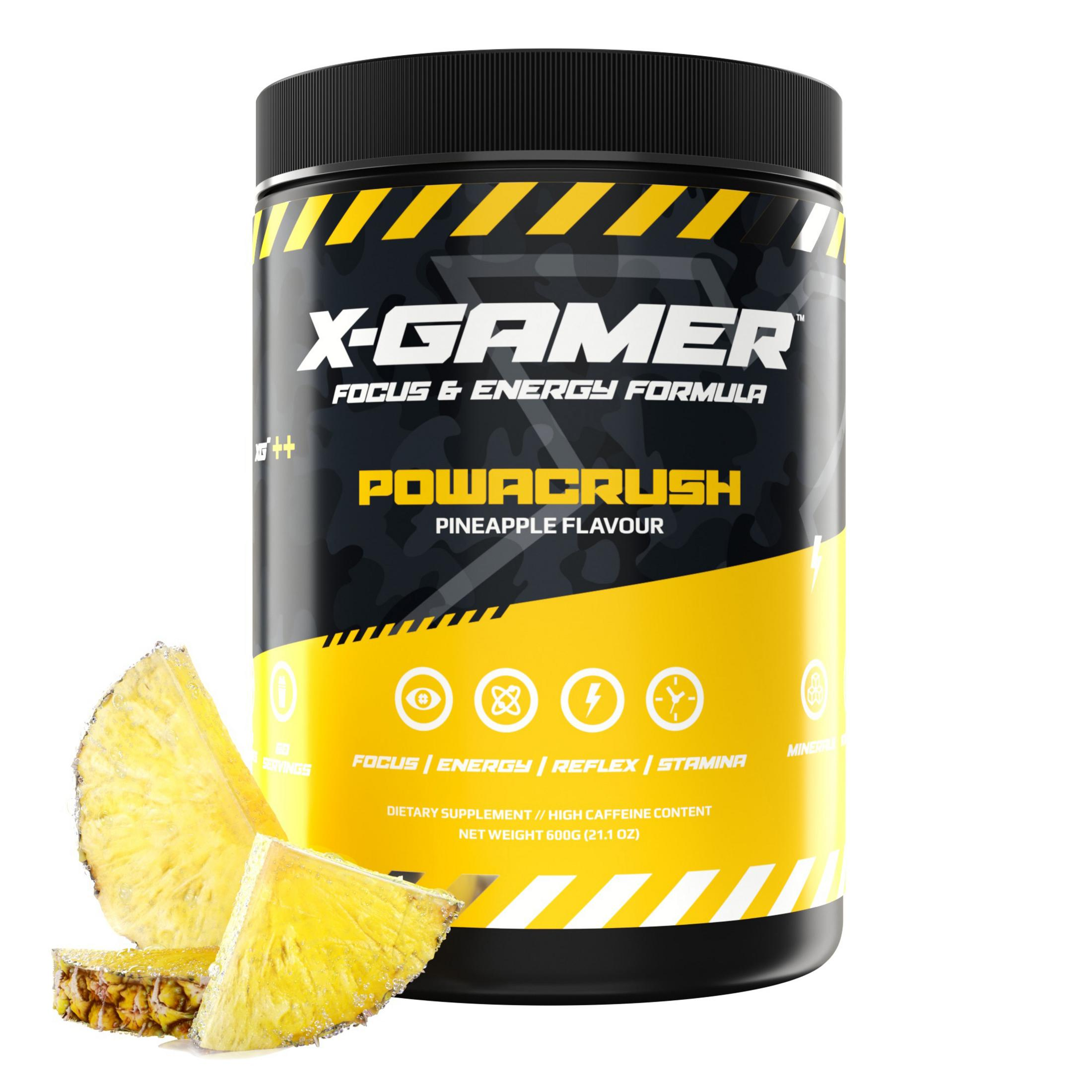 X-Gamer Powacrush Ananasgeschmack-Ergänzung mit Ananasscheiben auf weißem Hintergrund.