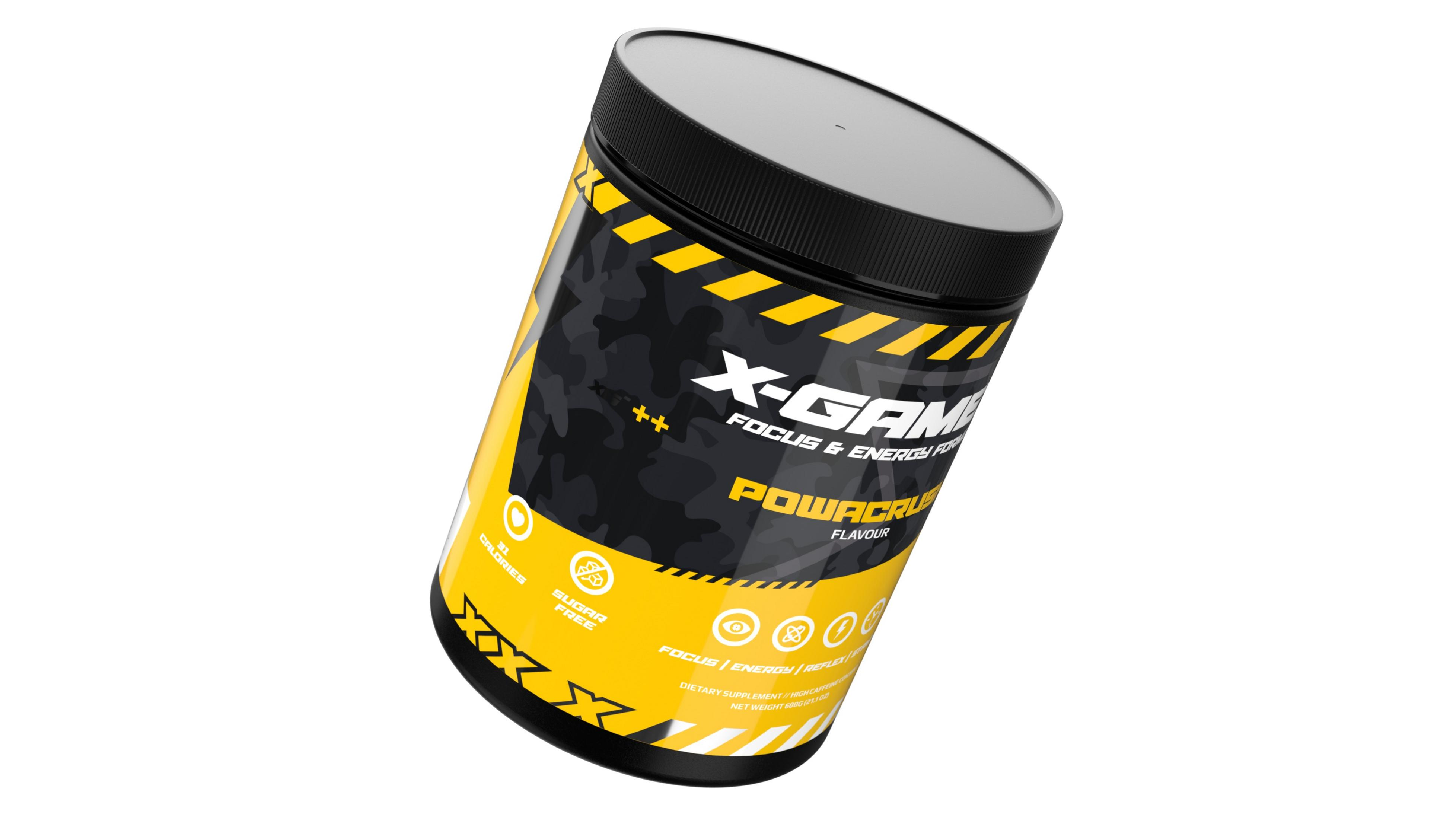 Zylindrischer Behälter von X-Gamer Powacrush, gelb-schwarzes Etikett, weißer Hintergrund.