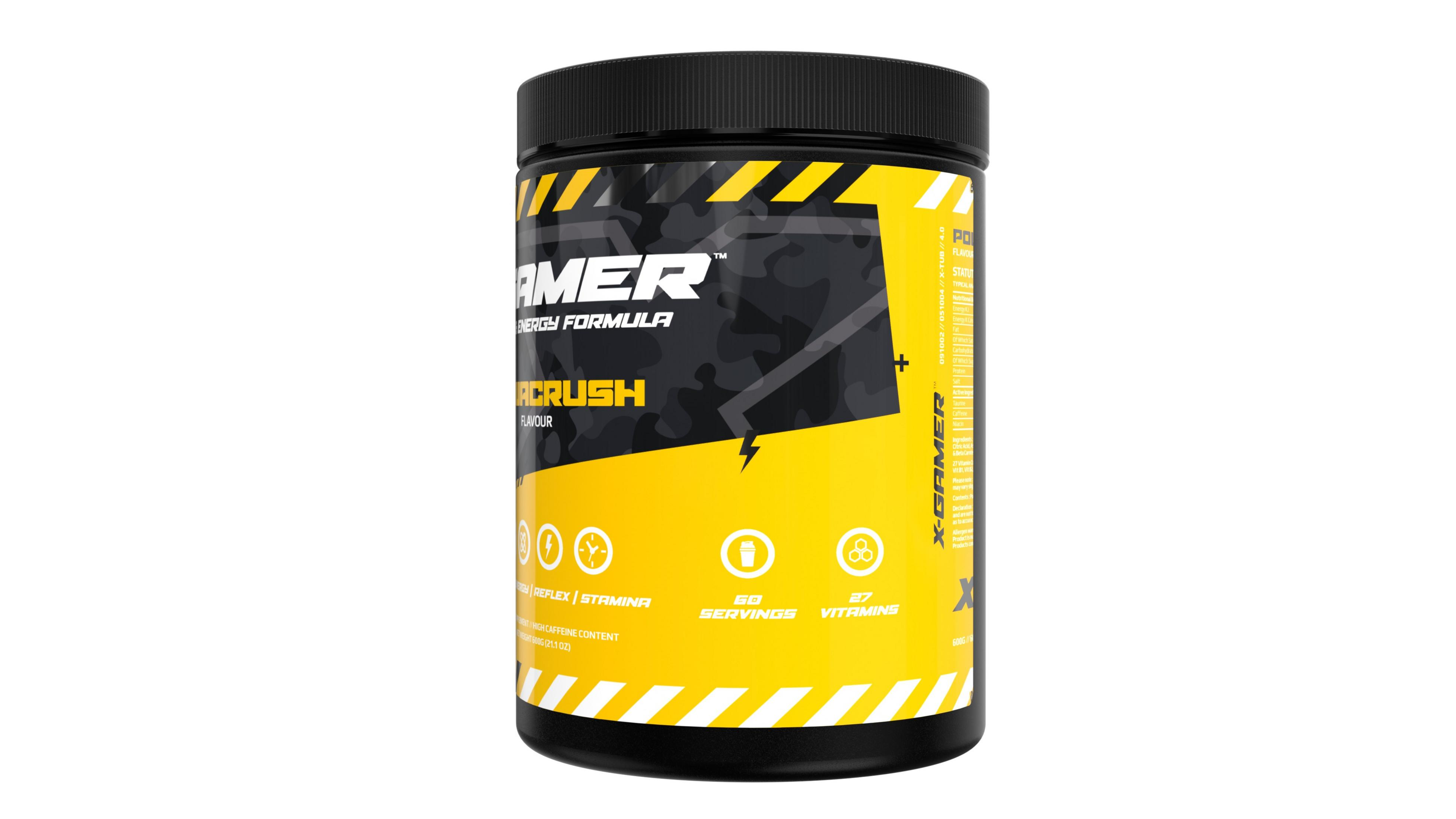 Eine schwarz-gelbe Dose mit Energydrink-Pulver, mit Text und Grafiken.
