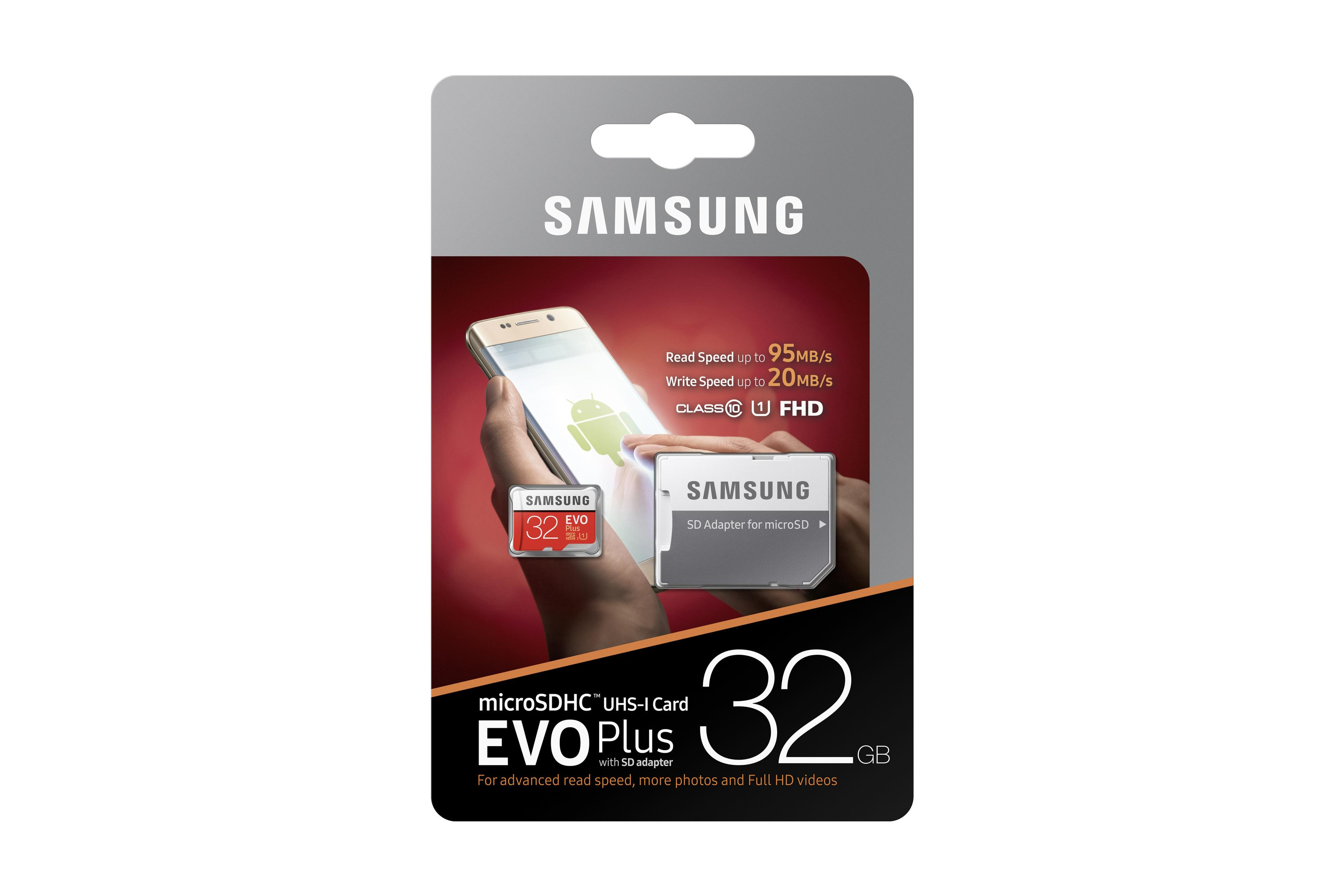 Eine Samsung microSD-Kartenverpackung, die Karte und den Adapter mit Details zu Lese-/Schreibgeschwindigkeiten zeigt.
