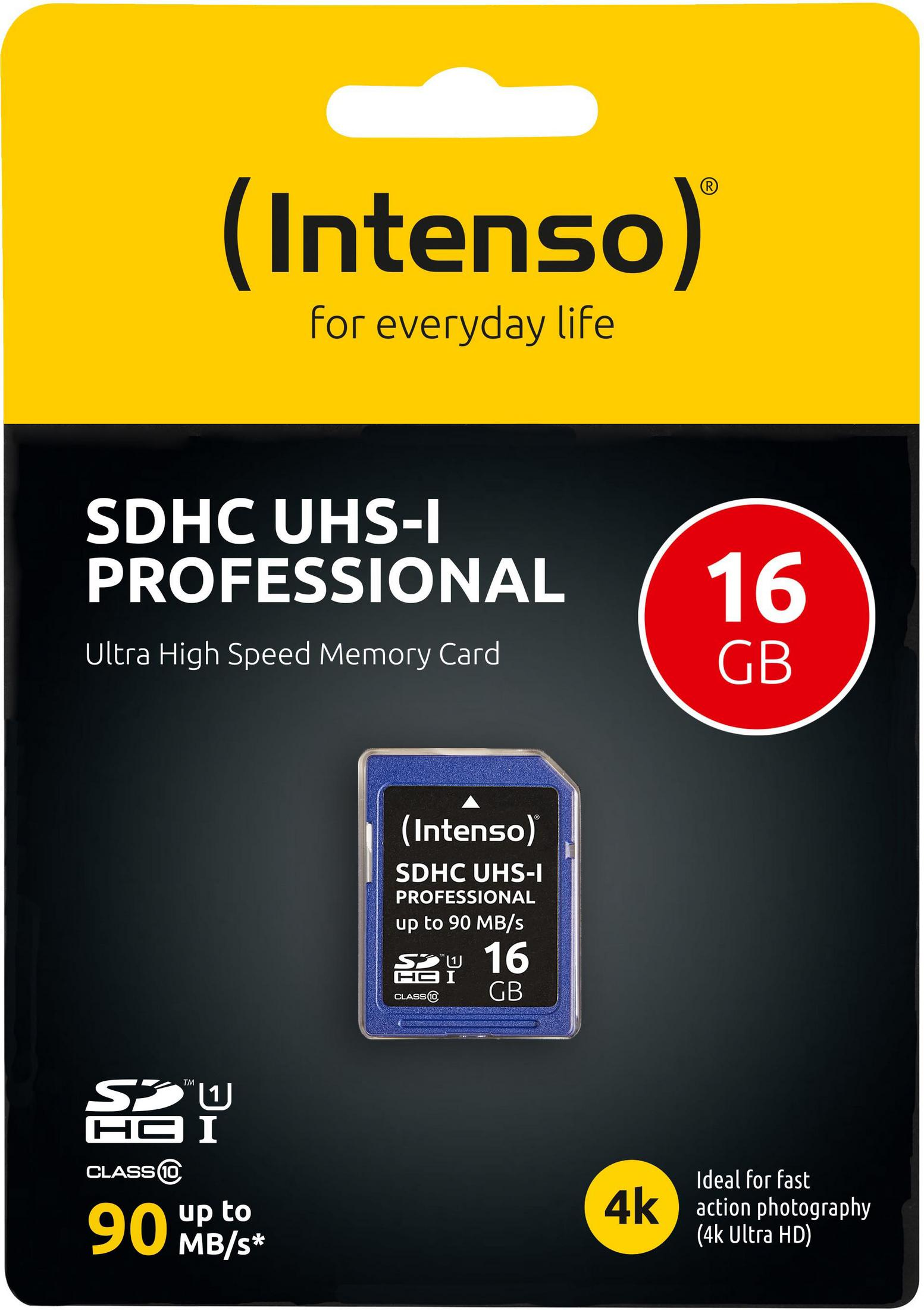 INTENSO SD Card UHS-I 16GB GB, SD SDHC 16 90 MB/s Professional, Speicherkarte