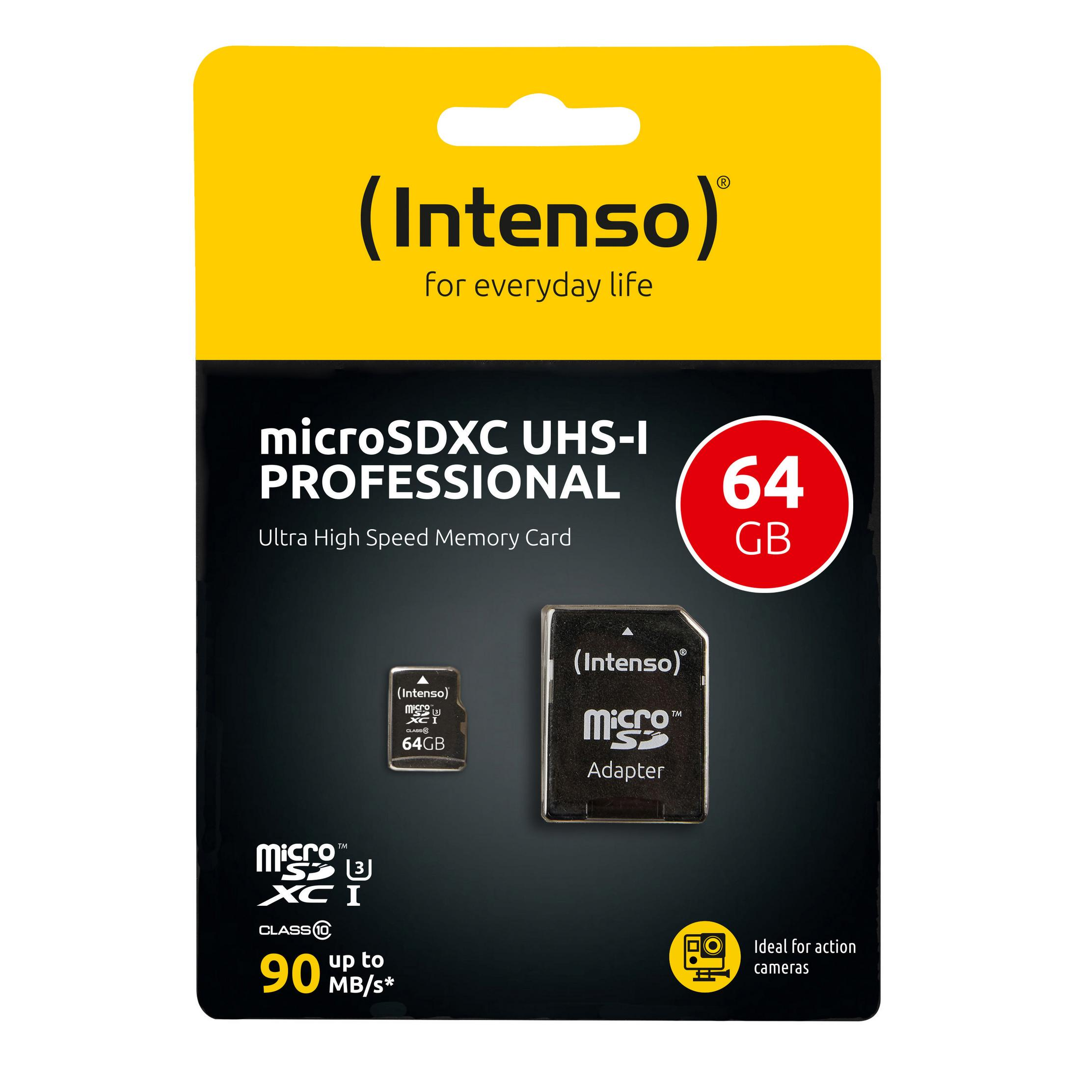 MicroSD-Kartenverpackung mit Karte und Adapter, mit Markenname und Spezifikationen.