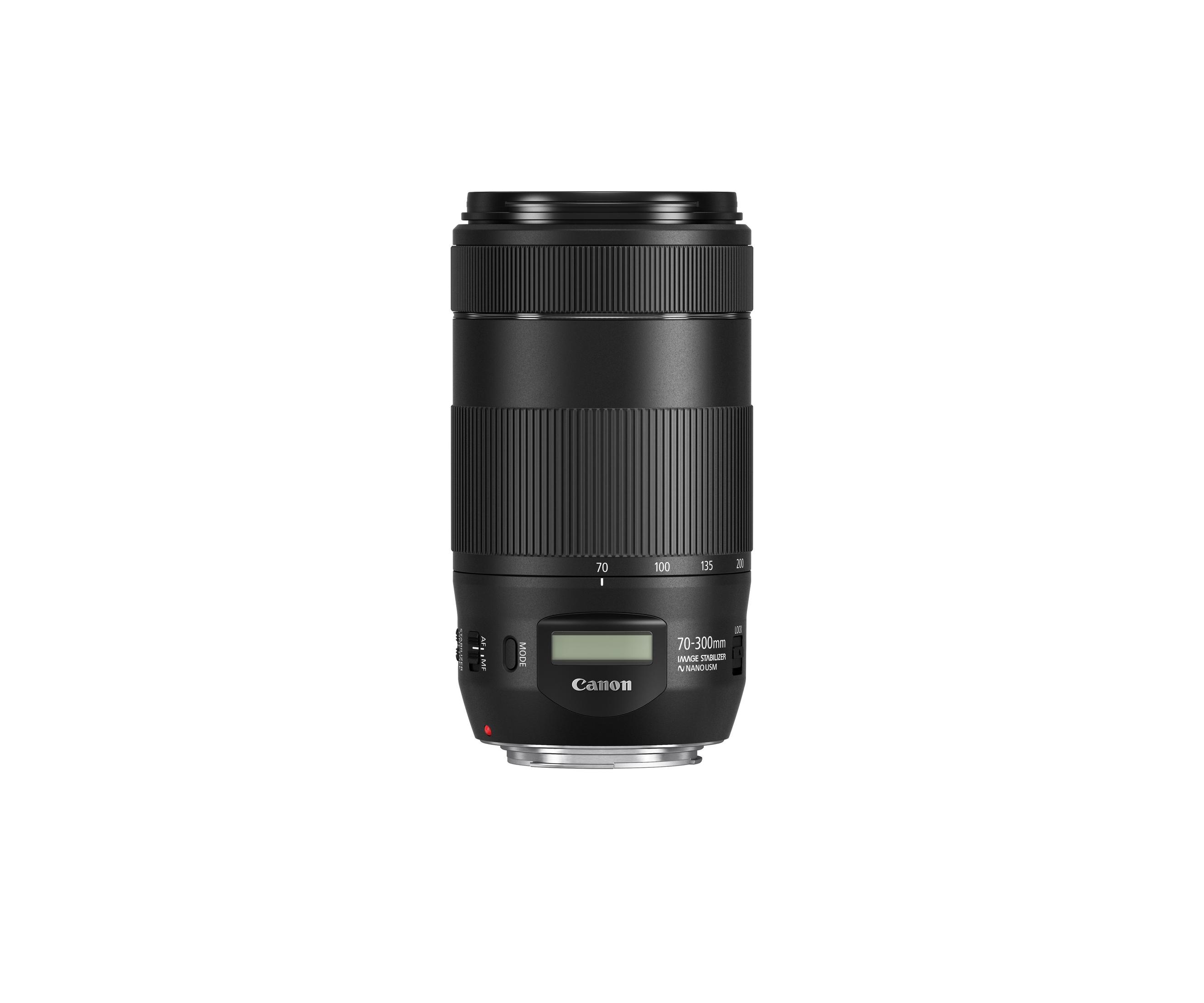 Schwarzes Canon 70-300mm Kameraobjektiv, isoliert auf weißem Hintergrund.