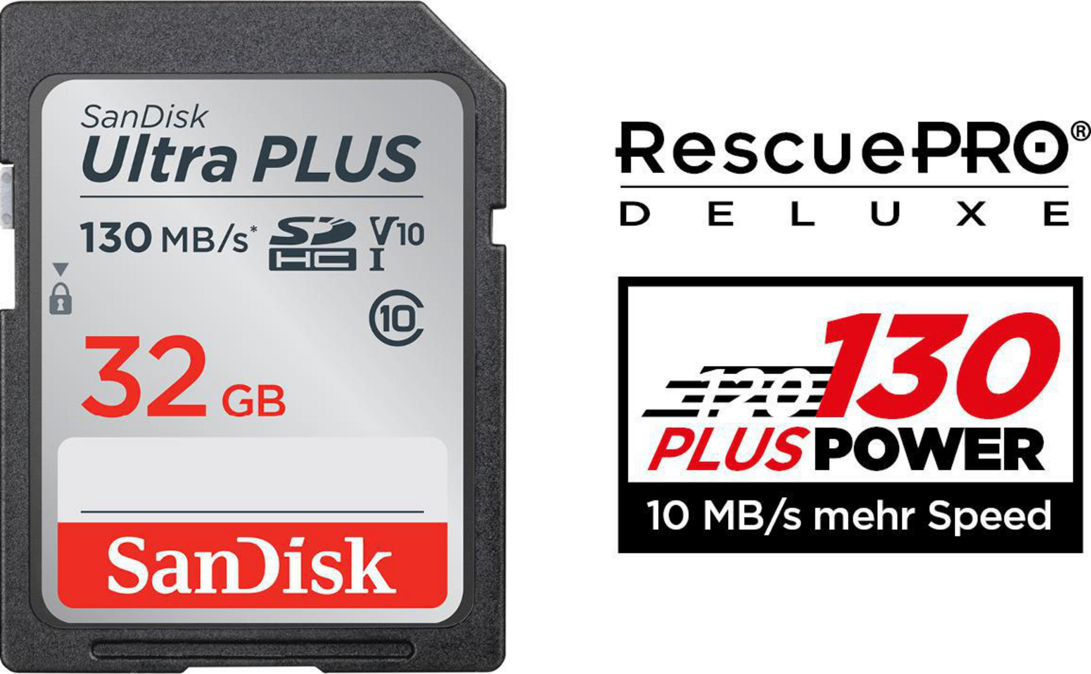 Scheda SD ed etichetta RescuePRO Deluxe. Scheda SD con 32 GB e 130 MB/s. Plus Power 10 MB/s in più.
