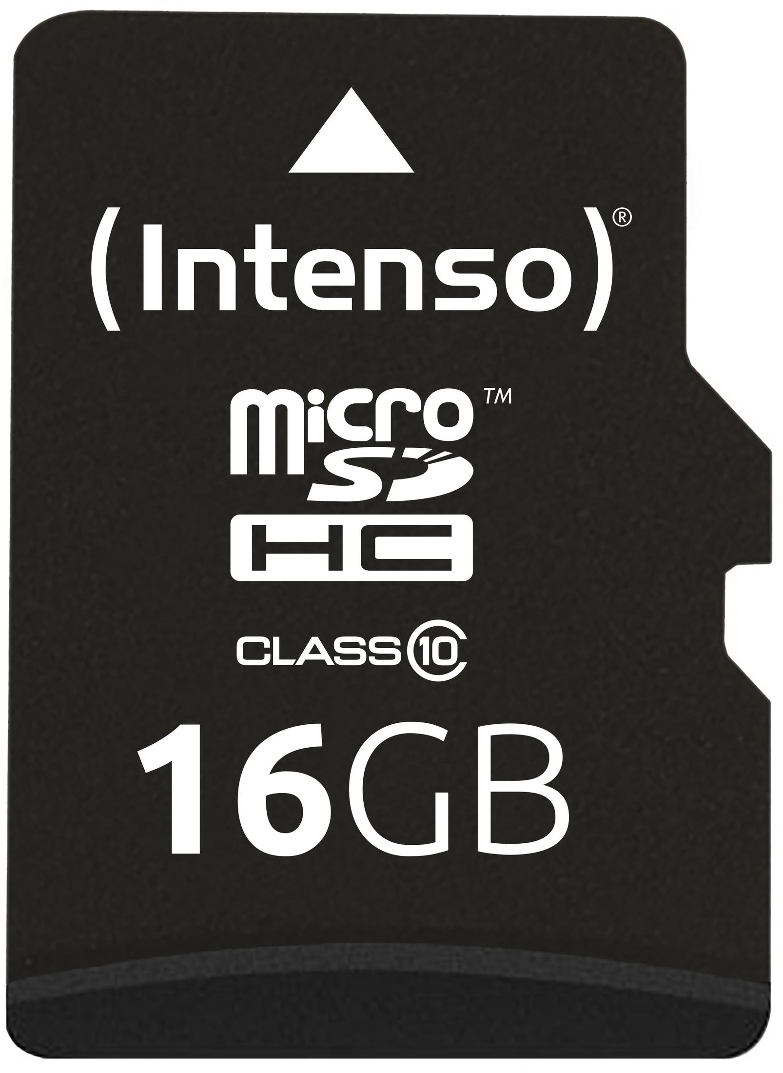 Schwarze microSD-Karte mit weißem Text. Intenso, Micro SD, 16GB, Klasse 10.