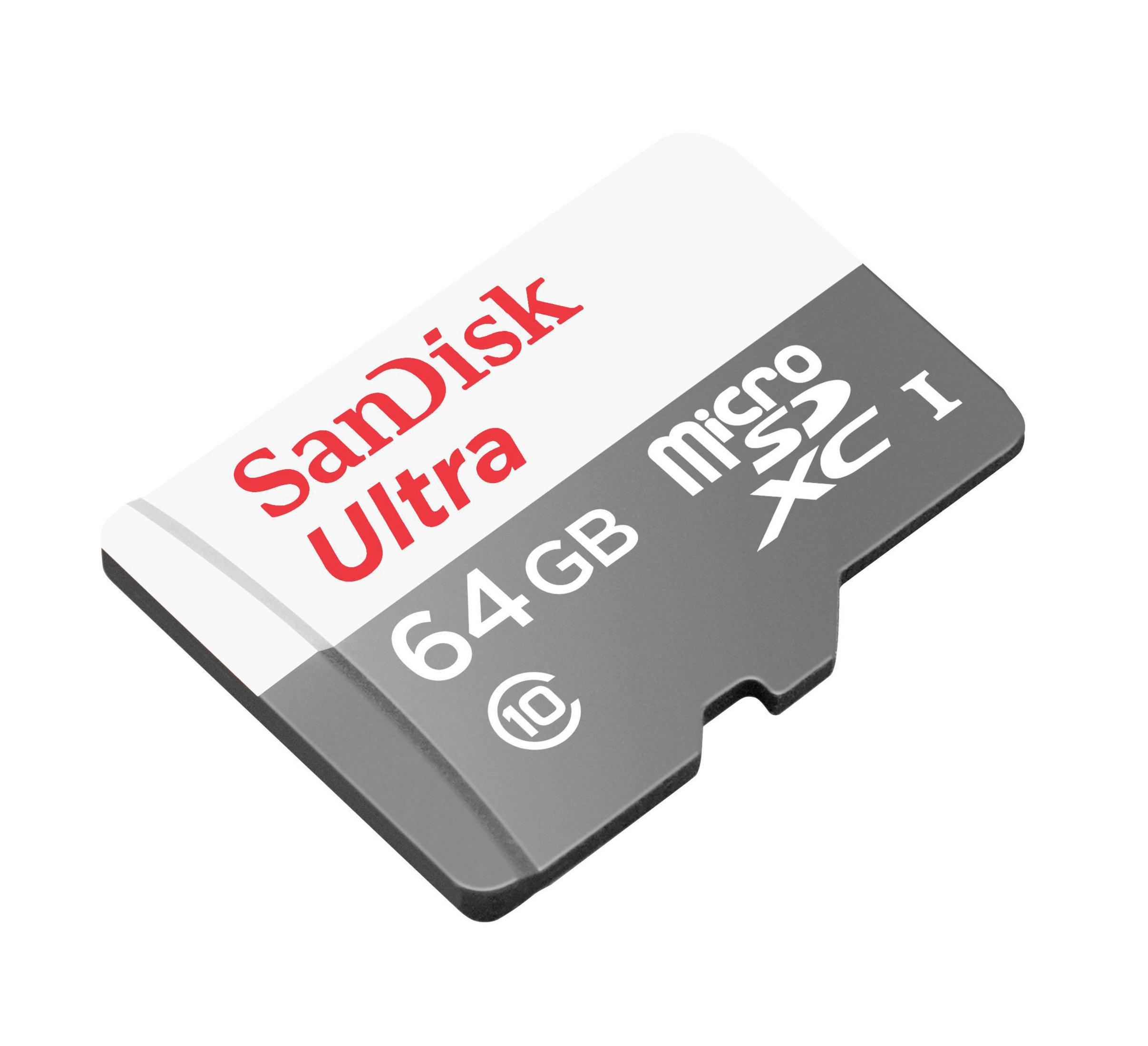 Scheda microSD SanDisk Ultra. La scheda è grigia, bianca e rossa. Ha una capacità di 64 GB.