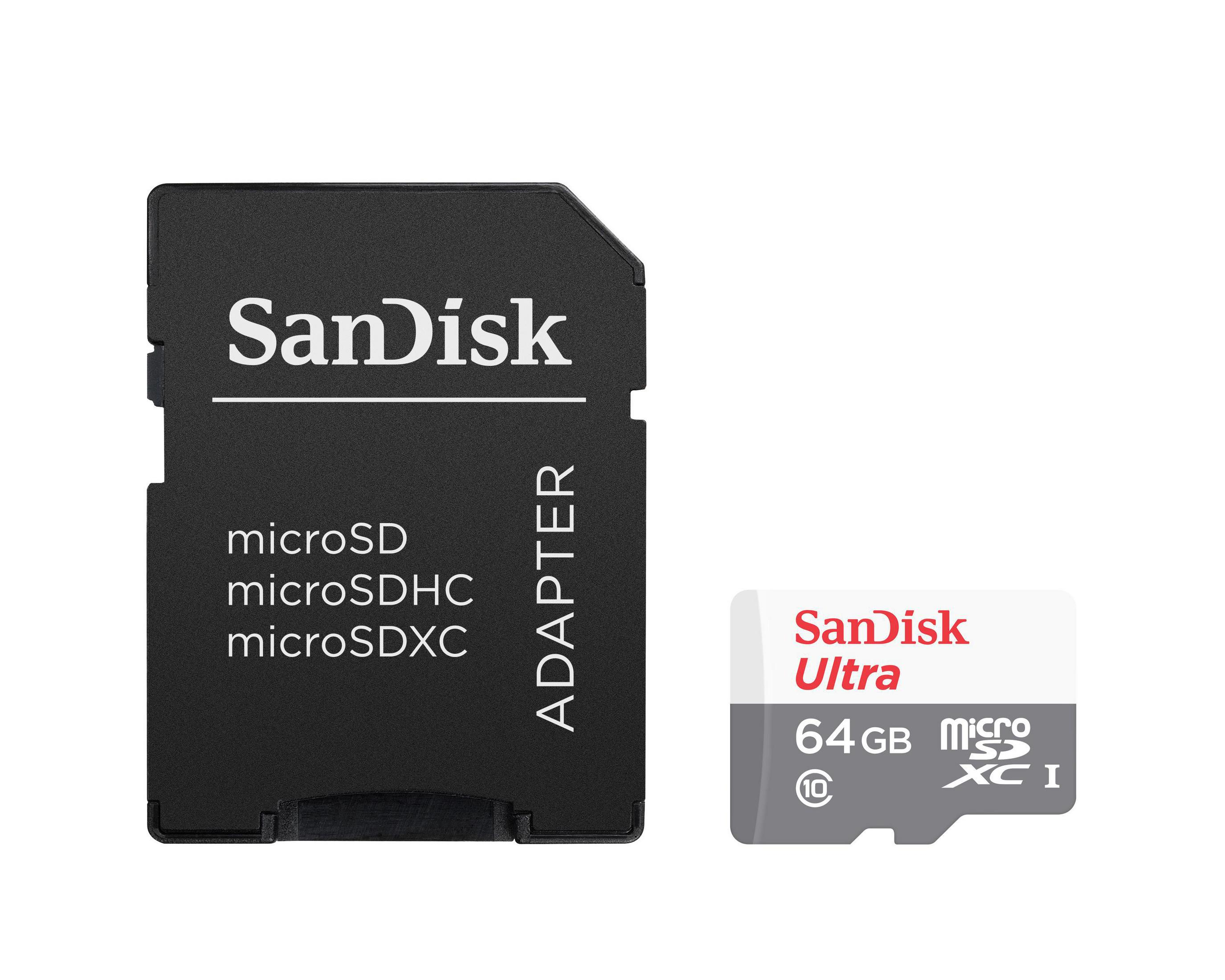 Adattatore per scheda SD Sandisk nero e scheda micro SD da 64 GB su sfondo bianco.