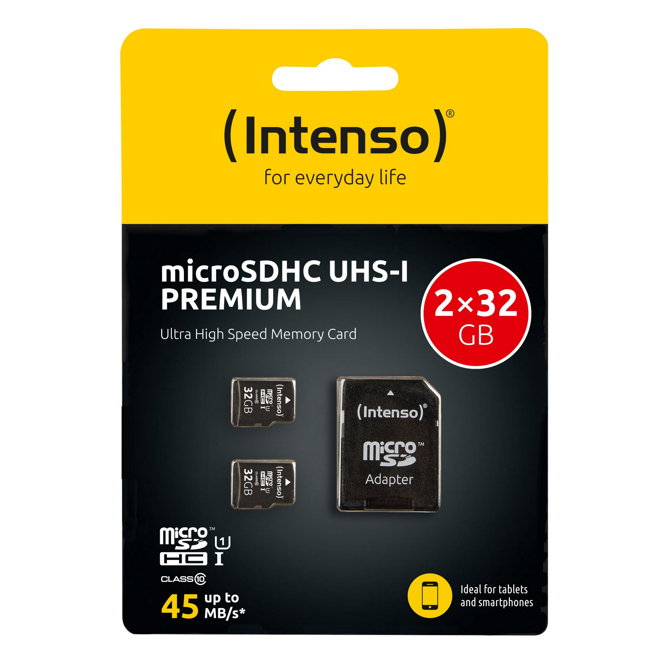 Eine Speicherkarteverpackung mit einer 2x32GB Karte und Adapter. Die Marke ist Intenso.
