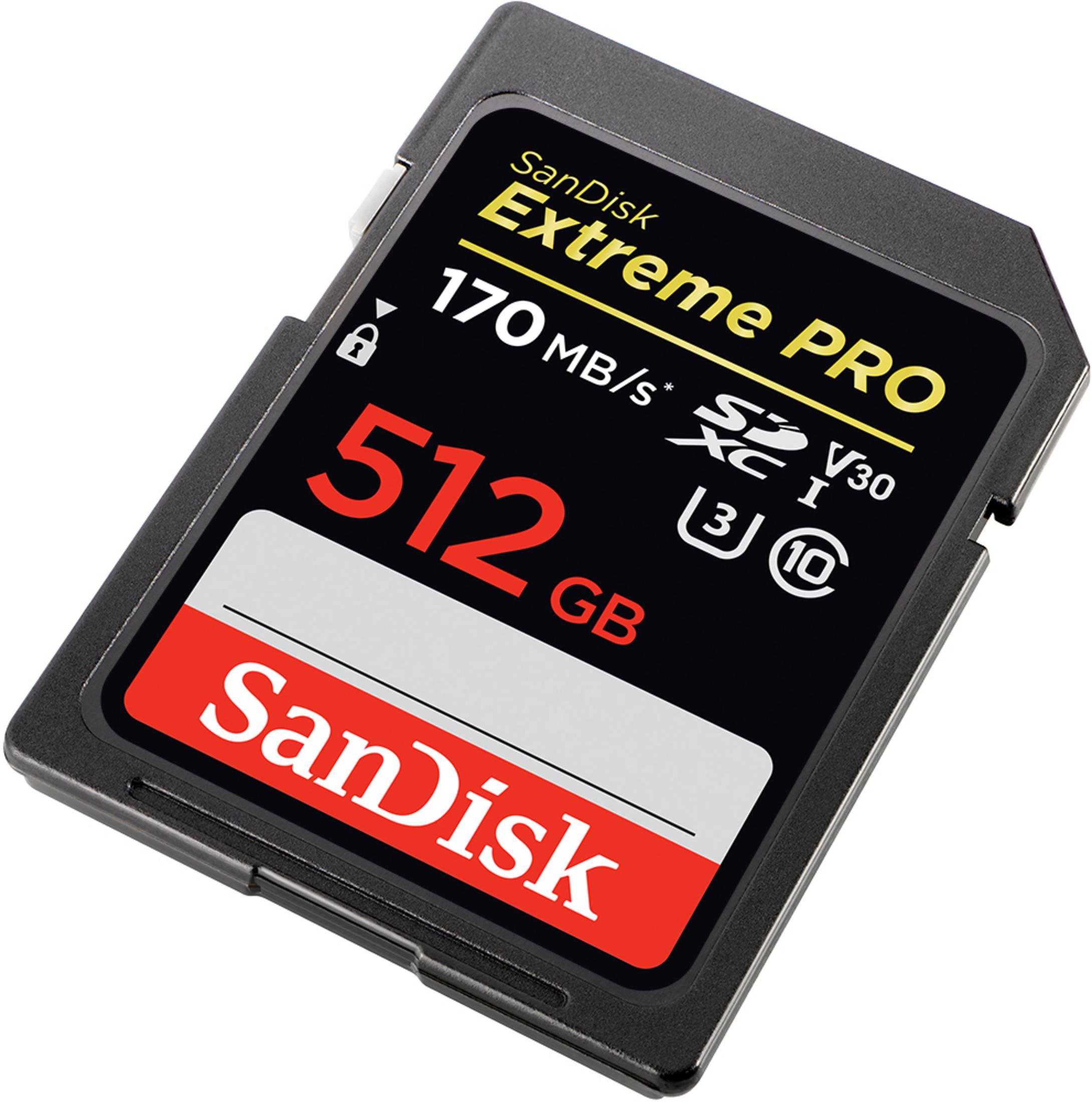 Scheda SD SanDisk Extreme PRO nera e rossa con capacità di 512GB.