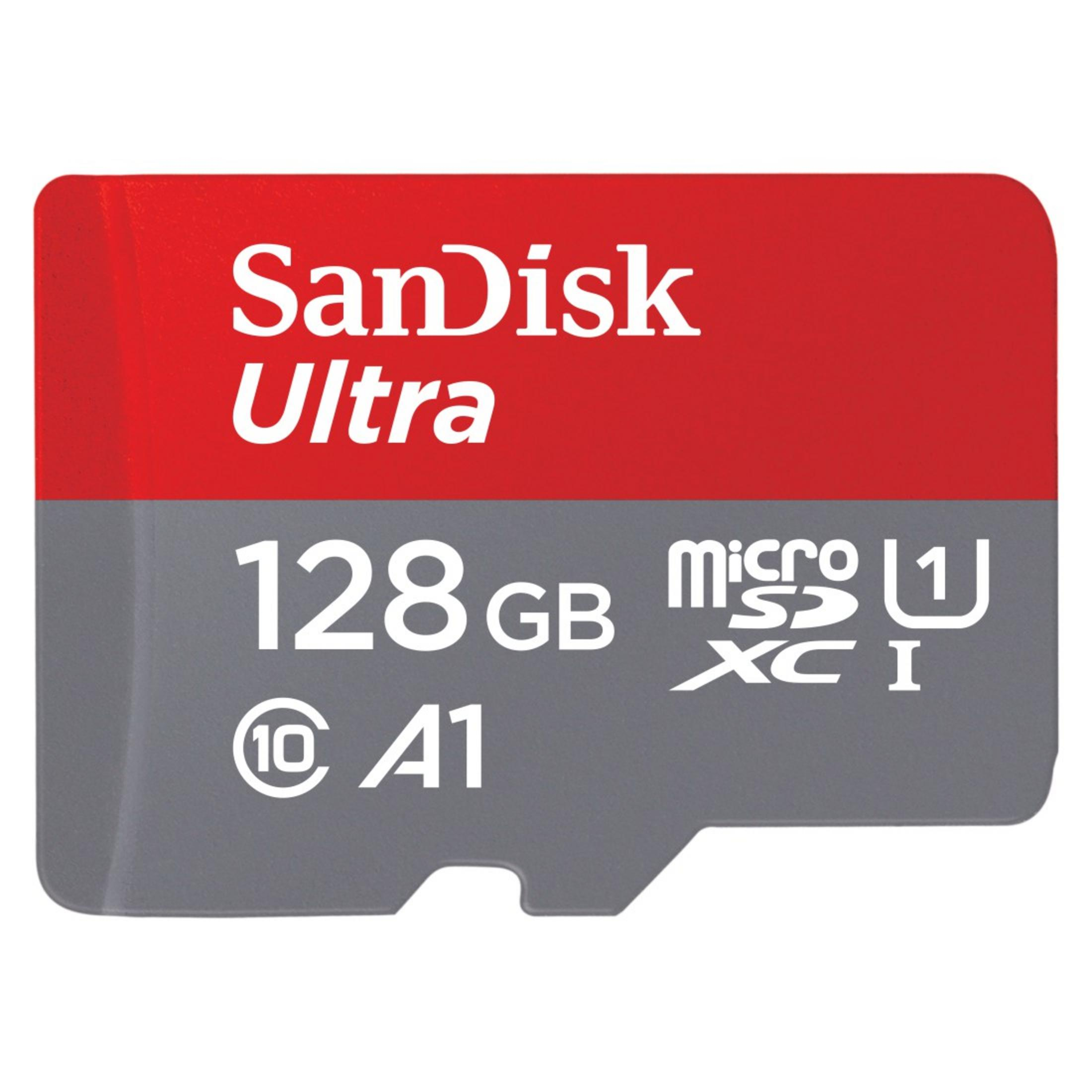 Una scheda micro SD rossa e grigia. Ha stampato 'SanDisk Ultra' e '128 GB'.