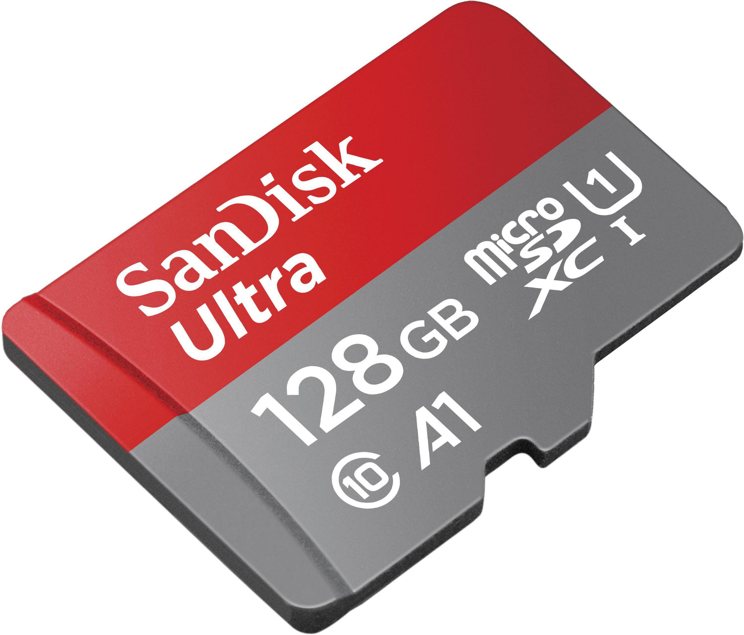 Una scheda MicroSD SanDisk da 128 GB rossa e grigia con testo bianco.
