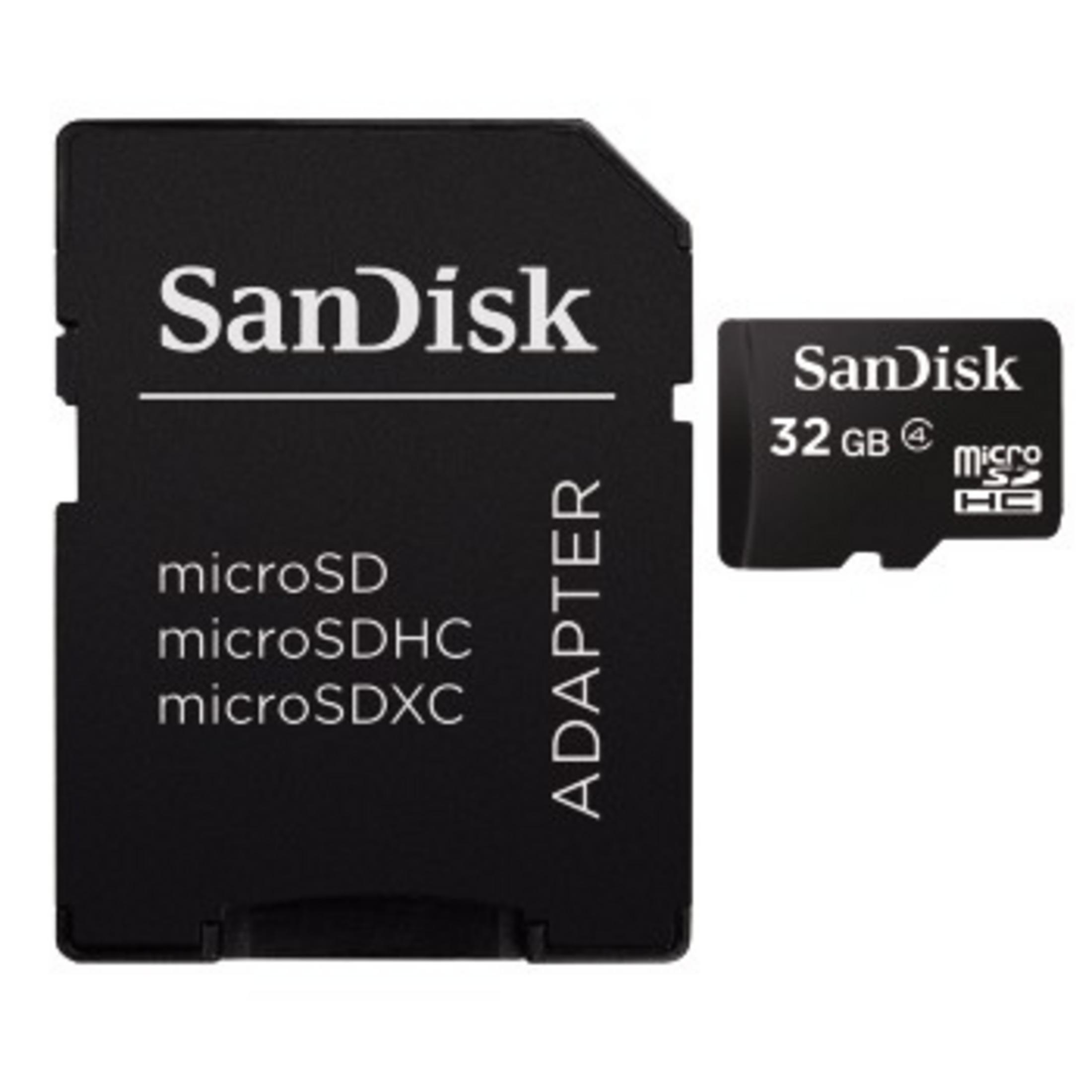 Schwarze Sandisk SD-Karte und Adapter mit weißer Beschriftung.