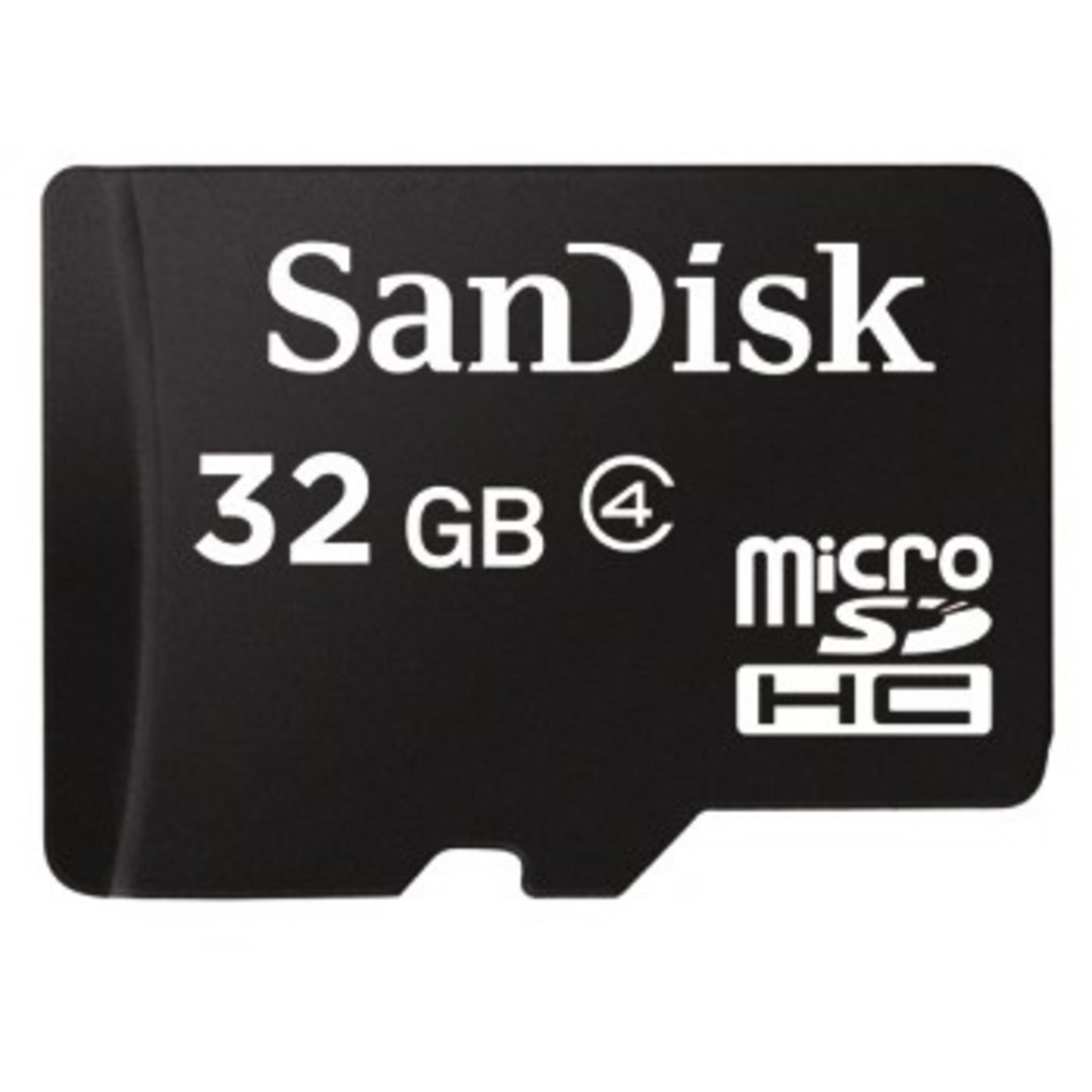 Schwarze SanDisk 32GB MicroSD-Karte. Weißer Hintergrund.