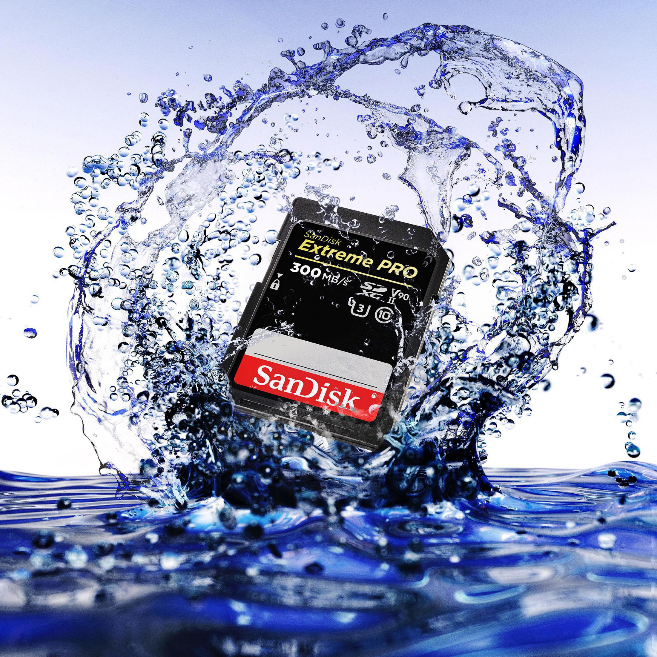 Tarjeta SD Sandisk negra en salpicadura de agua. La tarjeta es negra, roja y blanca. El agua rodea la tarjeta.