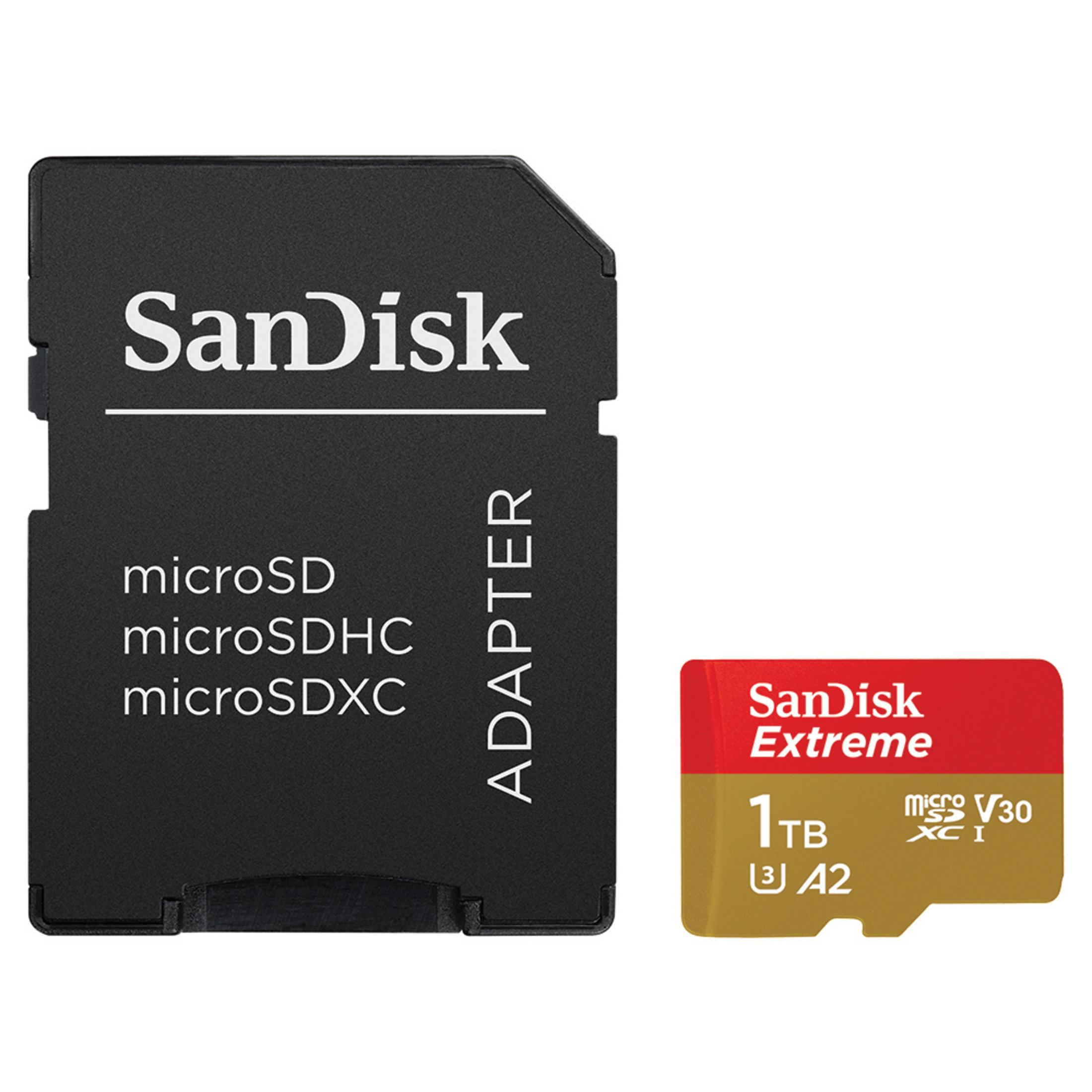 Una tarjeta microSD SanDisk negra con un adaptador. El adaptador es negro con texto blanco.