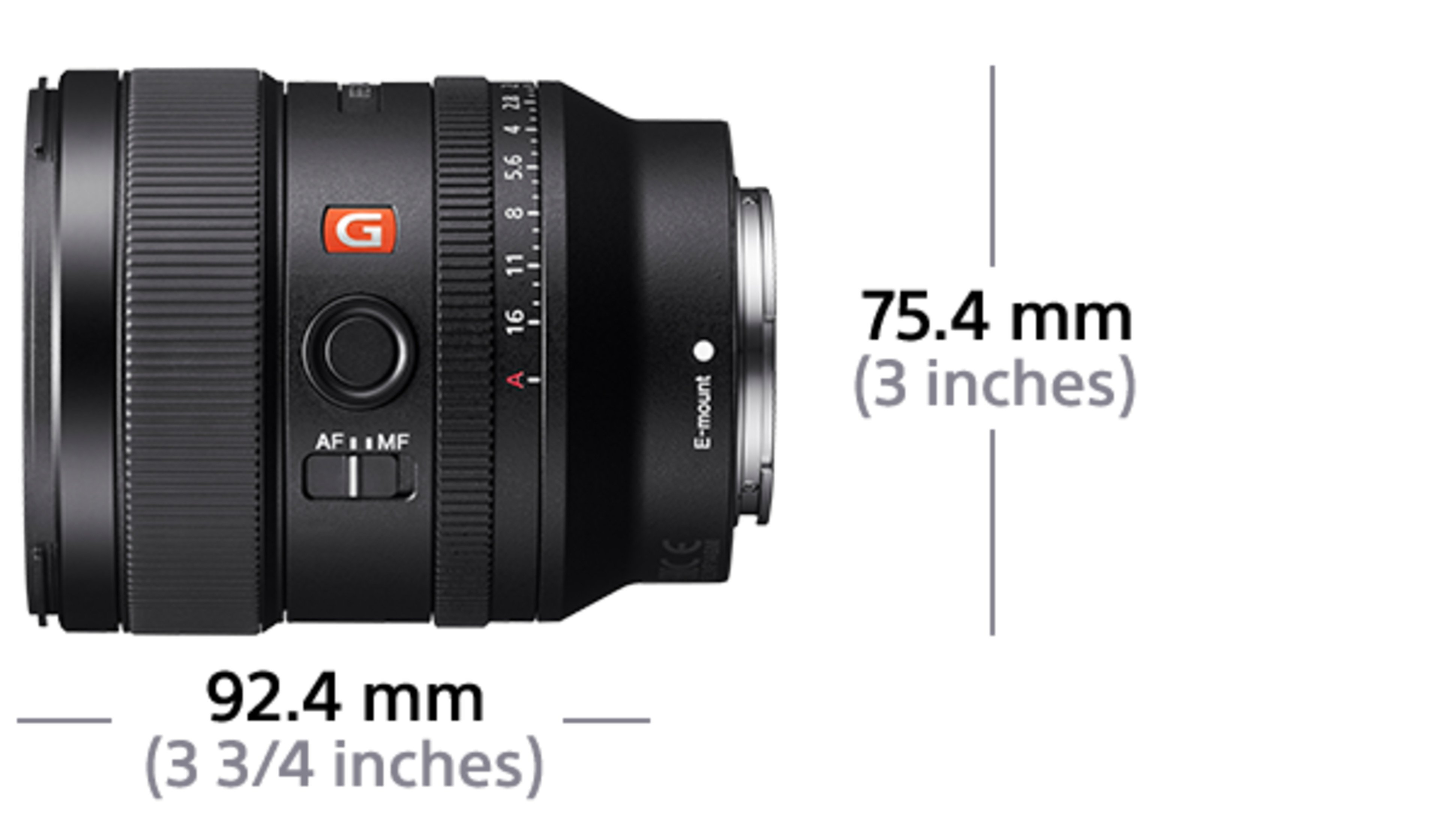 Czarny obiektyw aparatu ze szczegółami rozmiaru. Pokazuje wymiary w mm i calach.